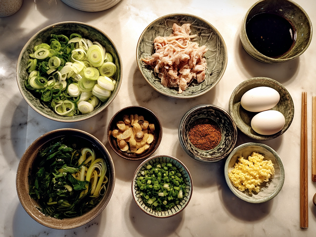 Ingredients for Ginger Scallion Chicken Noodle Soup: fresh ginger, scallions, garlic, chicken broth, carrots, celery, chicken breasts, noodles, and seasonings