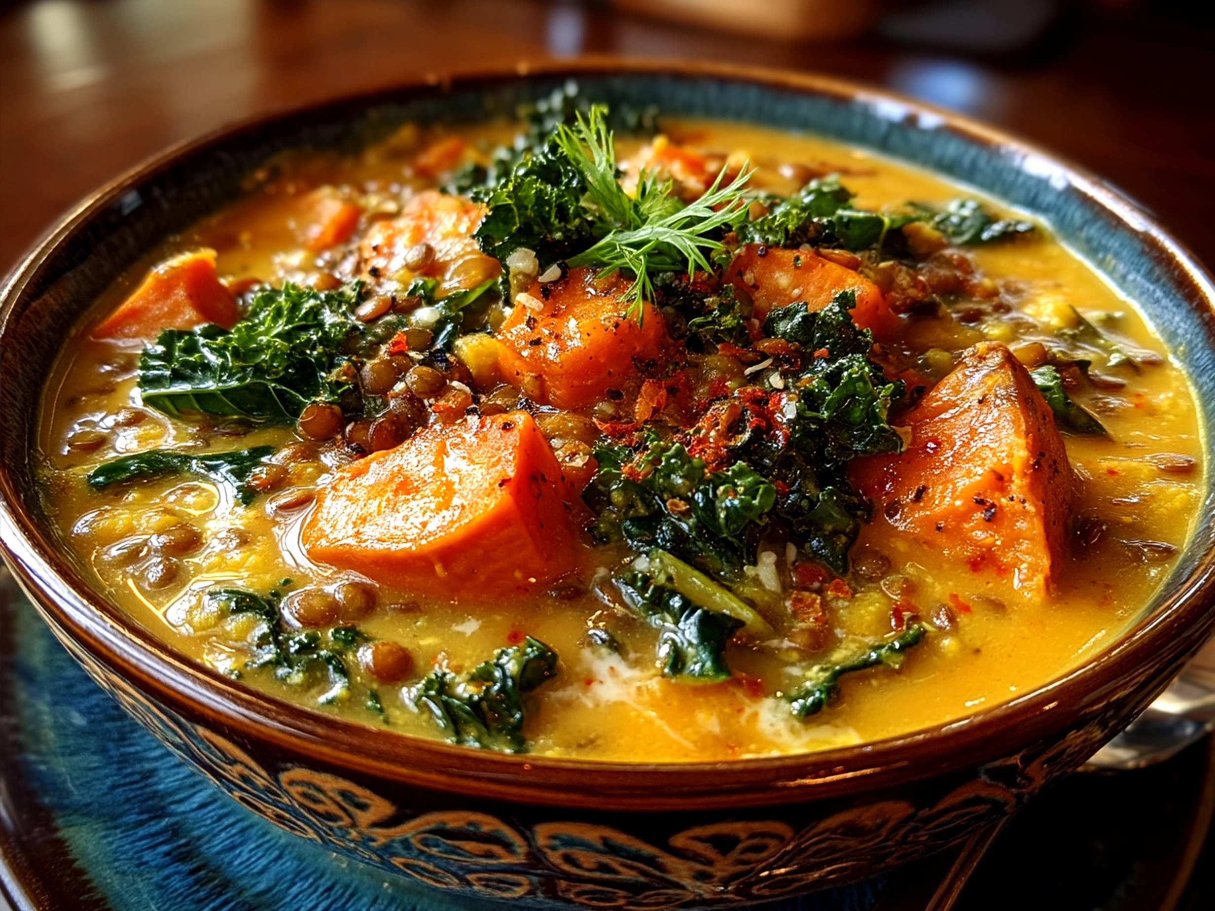 Serving of Ginger Sweet Potato and Coconut Milk Stew with Lentils and Kale in a bowl