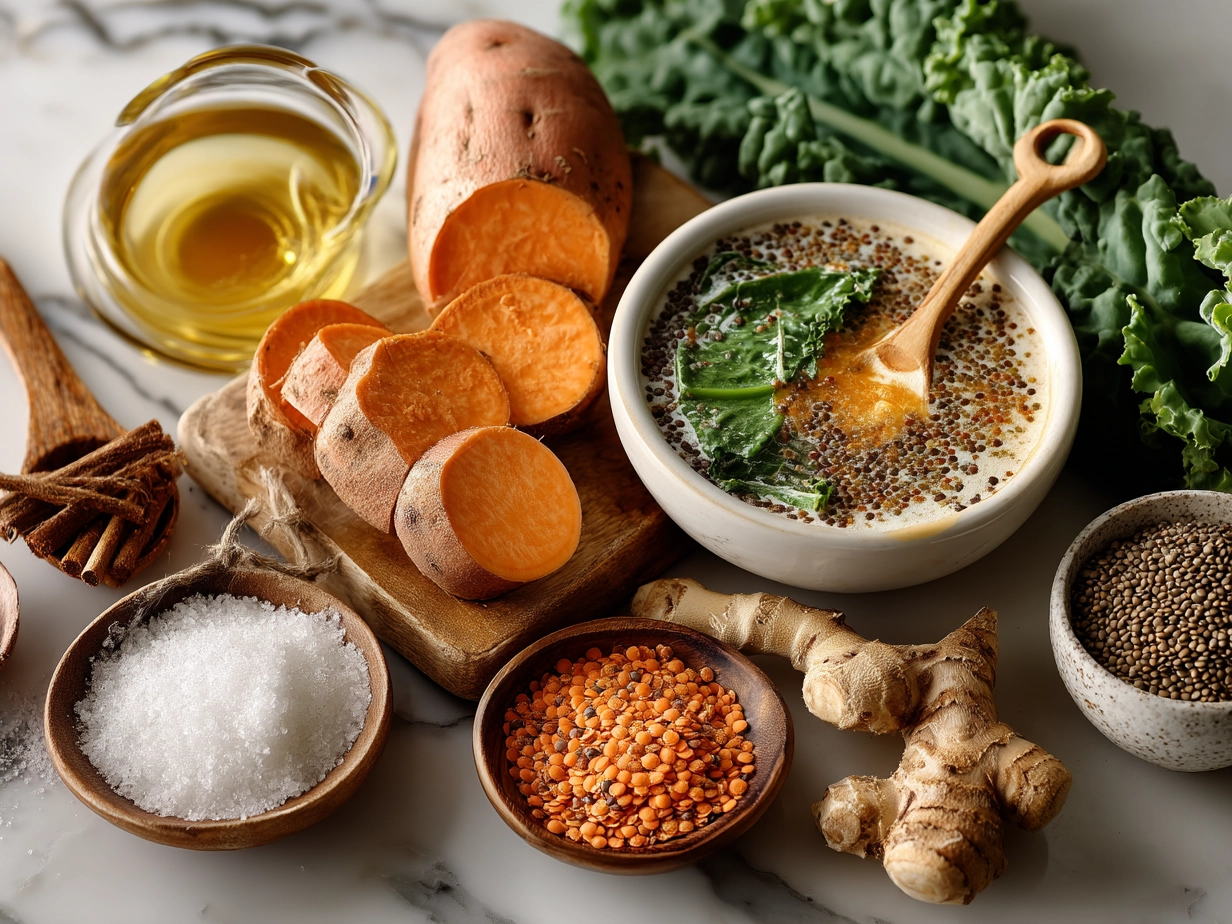 Ingredients for Ginger Sweet Potato and Coconut Milk Stew with Lentils and Kale