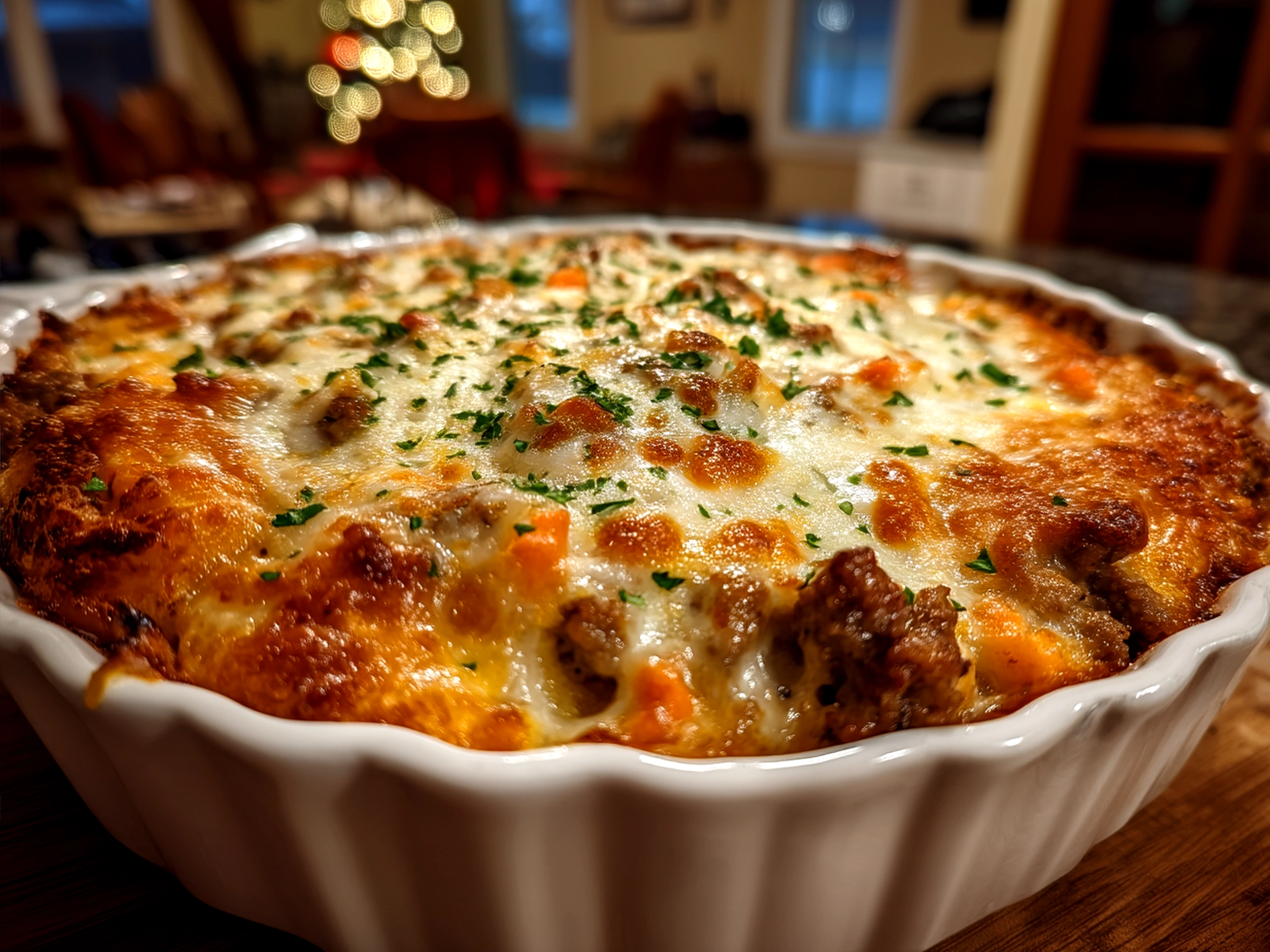 Served Hobo Casserole Ground Beef on a plate with sides and cheese topping