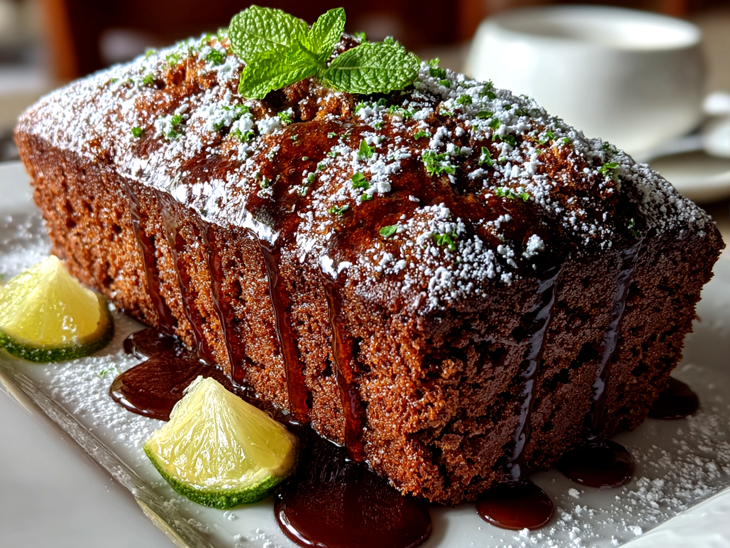 Home cook, taken with iPhone 14 Pro. Close-up slight angle of comforting Sour Cream Chocolate Loaf Cake on white plate. mouthwatering --ar 4:3 --style raw --s 240