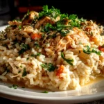 Home cook, taken with iPhone 14 Pro. Close-up slight angle of freshly prepared Crock Pot Chicken and Rice on white plate. Hearty comforting --ar 4:3 --style raw --s 230