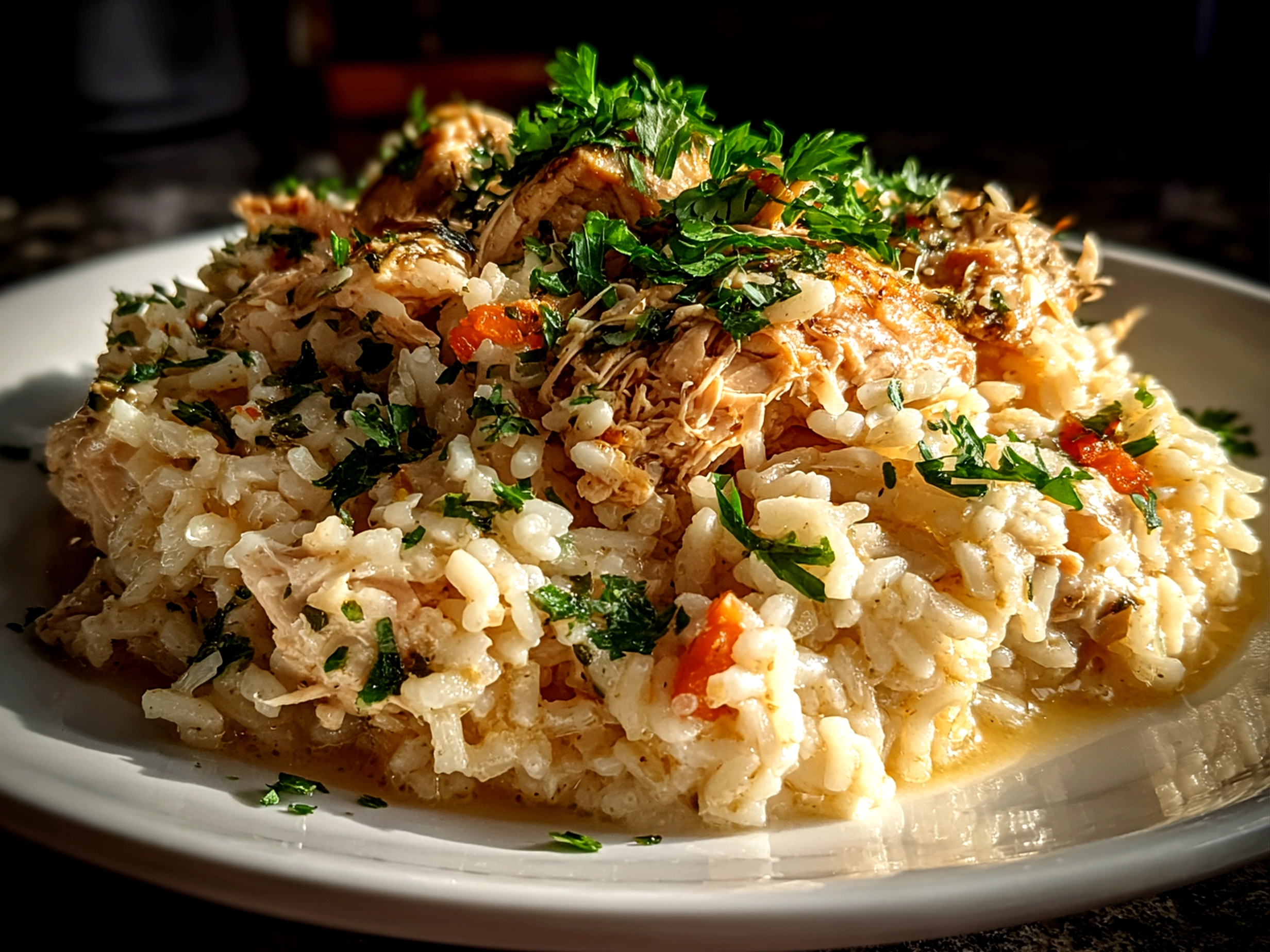 Home cook, taken with iPhone 14 Pro. Close-up slight angle of freshly prepared Crock Pot Chicken and Rice on white plate. Hearty comforting --ar 4:3 --style raw --s 230