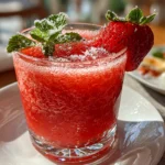 Home cook, taken with iPhone 14 Pro. Close-up slight angle of freshly prepared Strawberry Daiquiri on white plate. Fresh vibrant --ar 4:3 --style raw --s 250