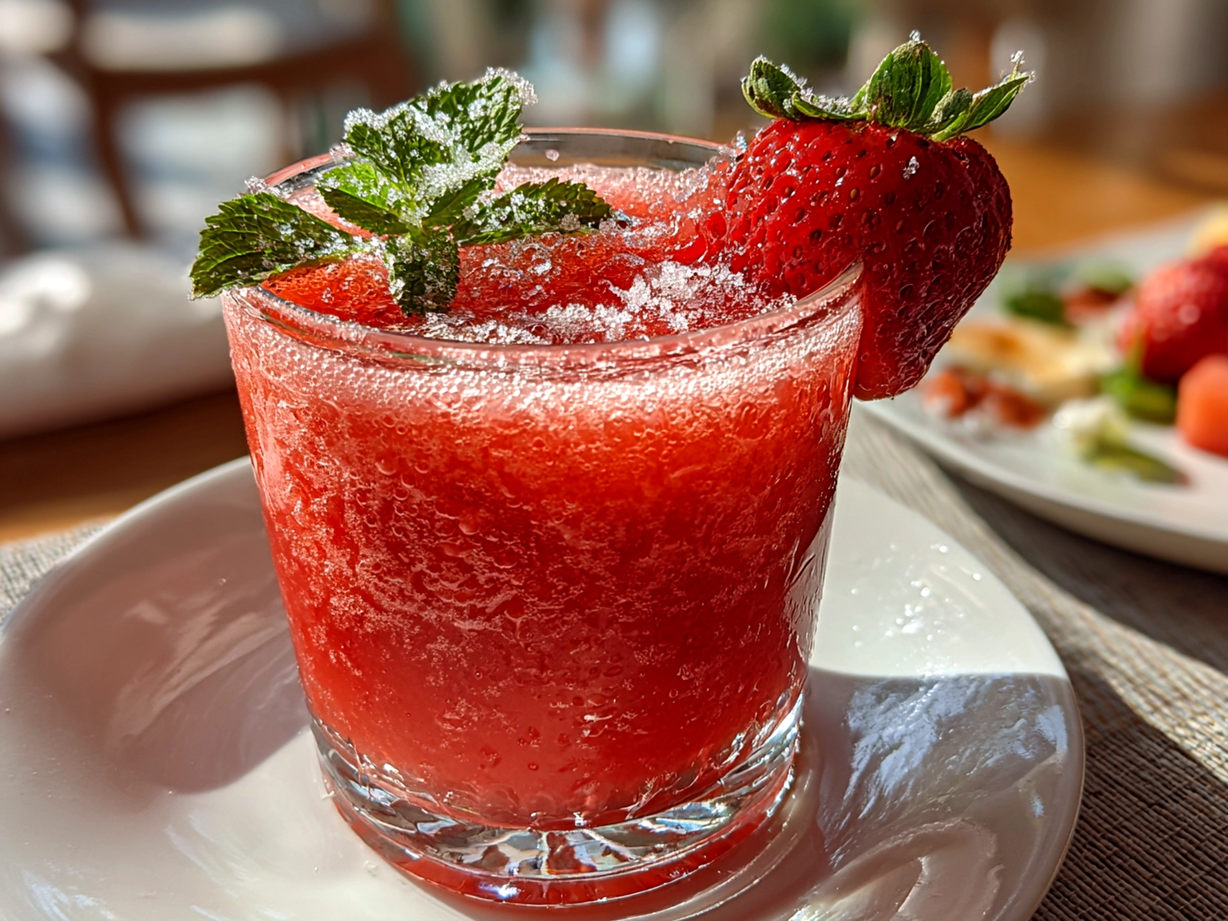 Home cook, taken with iPhone 14 Pro. Close-up slight angle of freshly prepared Strawberry Daiquiri on white plate. Fresh vibrant --ar 4:3 --style raw --s 250