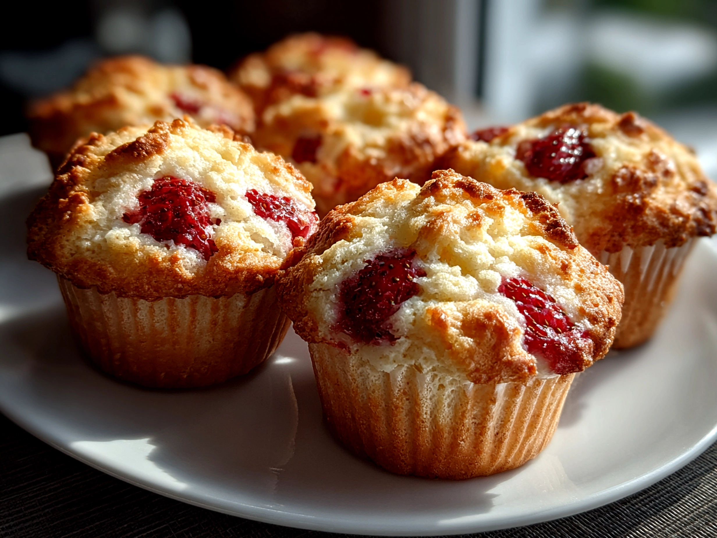 Home cook, taken with iPhone 14 Pro. Close-up slight angle of freshly prepared strawberry muffins on white plate. Mouthwatering --ar 4:3 --style raw --s 260