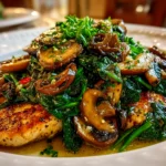 Home cook, taken with iPhone 14 Pro. Close-up slight angle of freshly prepared Turkey Spinach Mushroom Skillet on white plate. Rich inviting --ar 4:3 --style raw --s 220