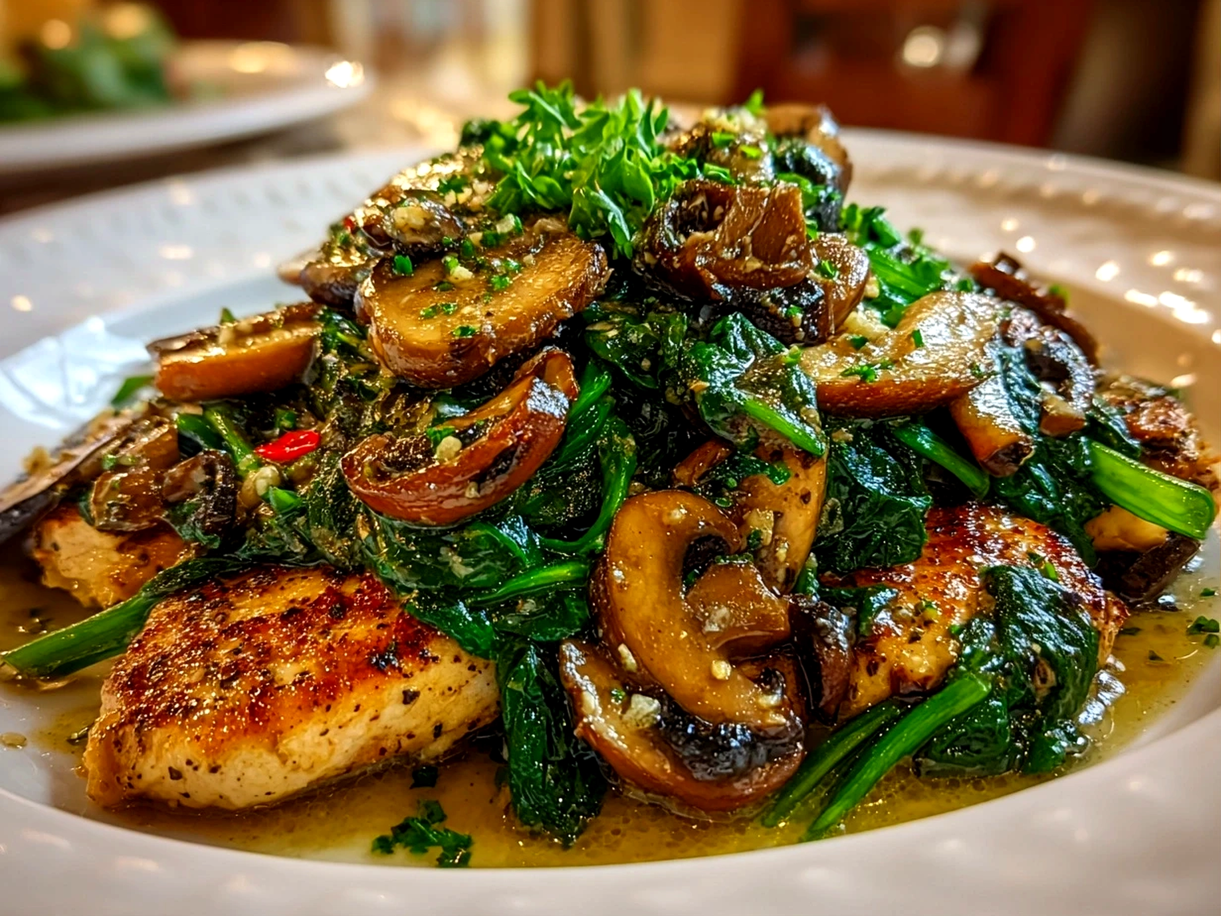 Home cook, taken with iPhone 14 Pro. Close-up slight angle of freshly prepared Turkey Spinach Mushroom Skillet on white plate. Rich inviting --ar 4:3 --style raw --s 220