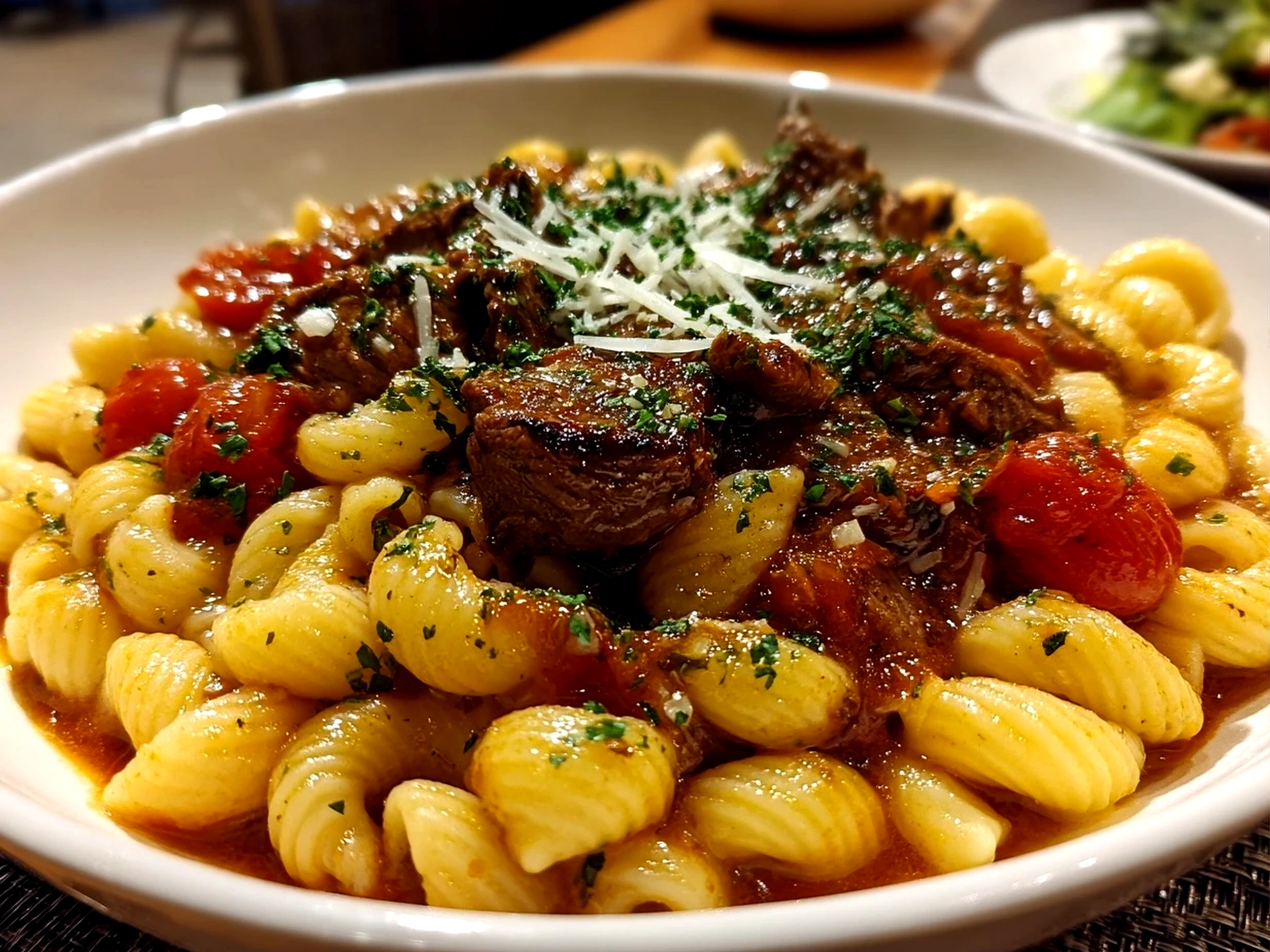 Home cook, taken with iPhone 14. Close-up slight angle of comforting Slow Cooker Goulash on white plate. Hearty comforting --ar 4:3 --style raw --s 250