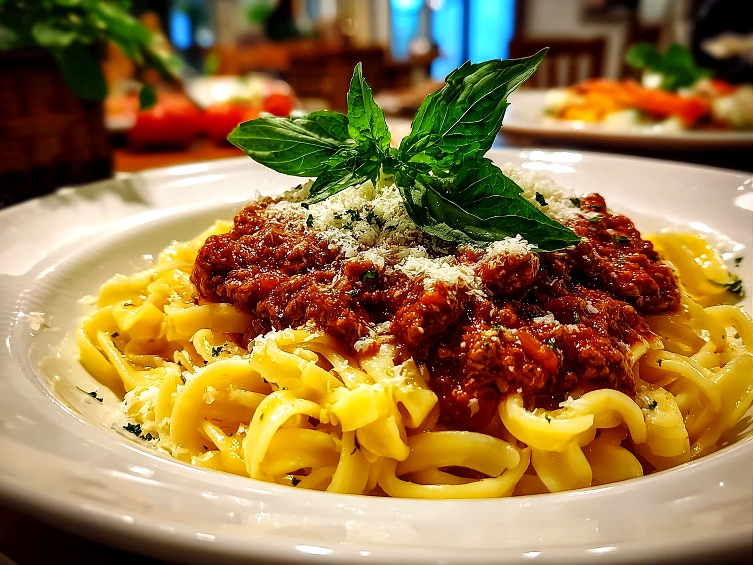 Home Cook, taken with iPhone 14. Close-up slight angle of comforting White Bolognese Sauce on white plate. Warm appetizing --ar 4:3 --style raw --s 240