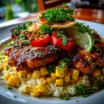 Home Cook, taken with iPhone 15 Pro Max. Close-up slight angle of delicious Chicken Rice Bowl with Street Corn on white plate. Fresh vibrant --ar 4:3 --style raw --s 220