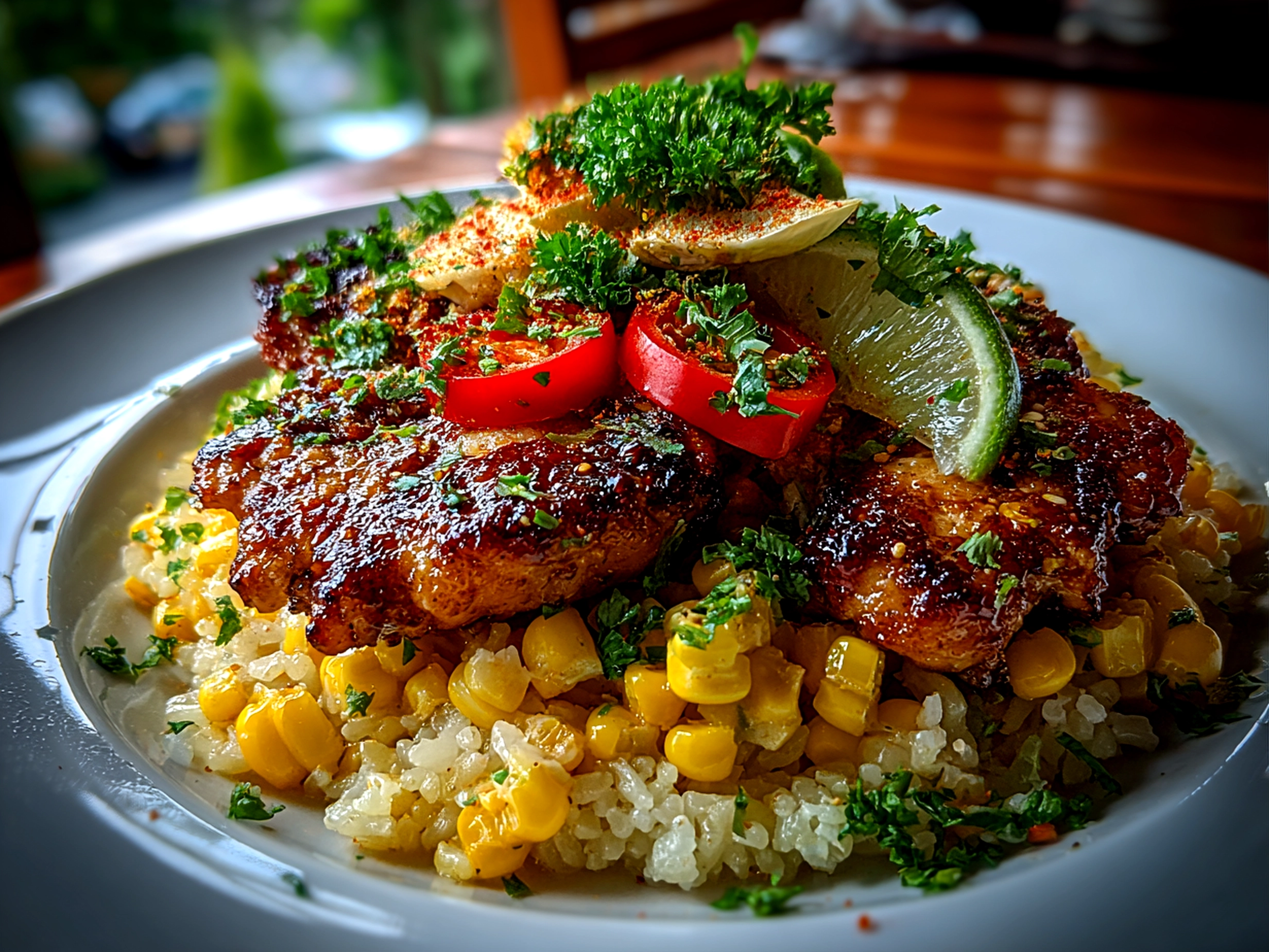 Home Cook, taken with iPhone 15 Pro Max. Close-up slight angle of delicious Chicken Rice Bowl with Street Corn on white plate. Fresh vibrant --ar 4:3 --style raw --s 220