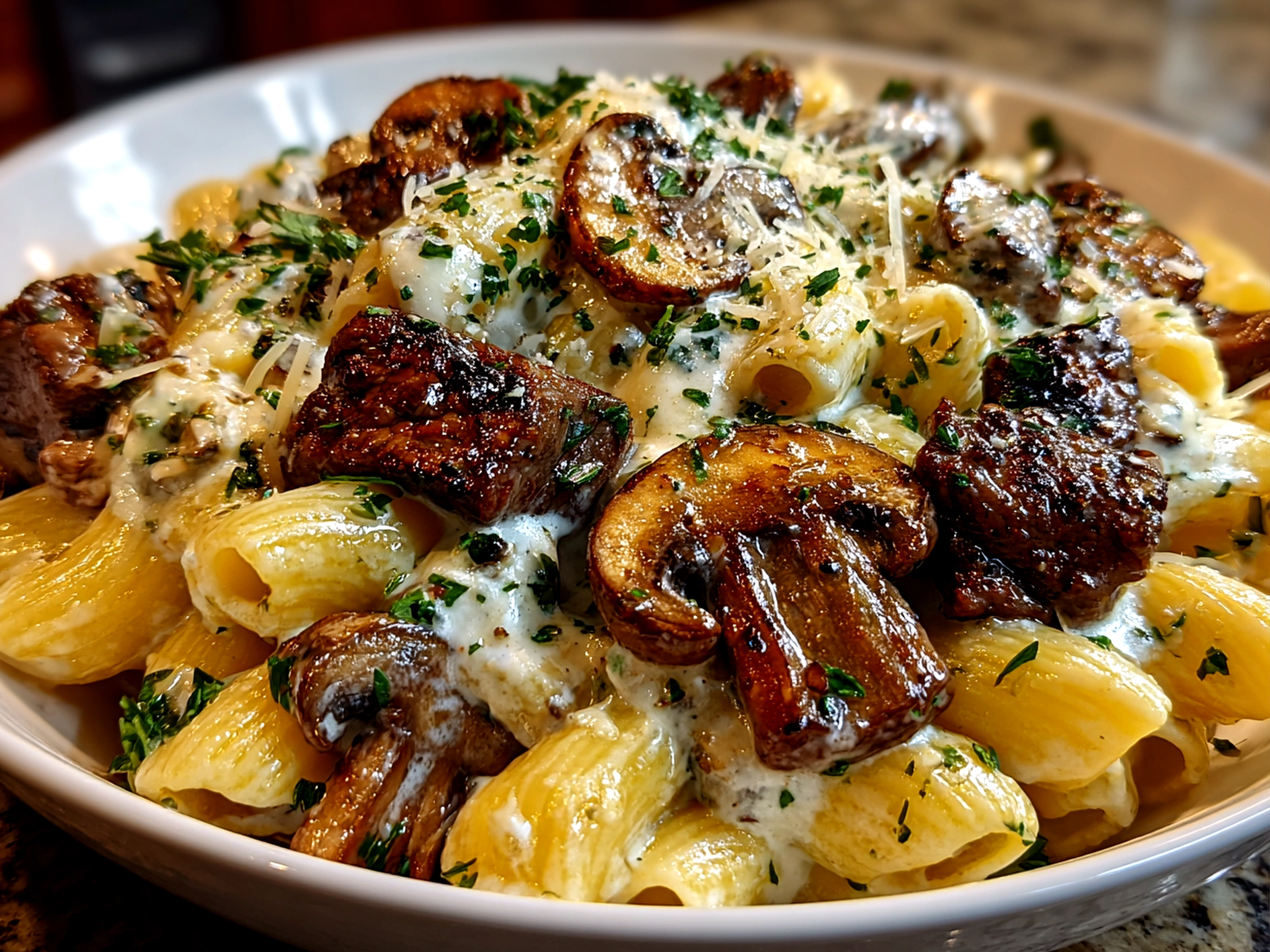 Home cook, taken with iPhone 15 Pro Max. Close-up slight angle of homemade creamy beef pasta on white plate. Mouthwatering --ar 4:3 --style raw --s 245