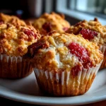 Home cook, taken with iPhone 15 Pro. Close-up slight angle of fresh strawberry oatmeal muffins on white plate. Fresh vibrant --ar 4:3 --style raw --s 250