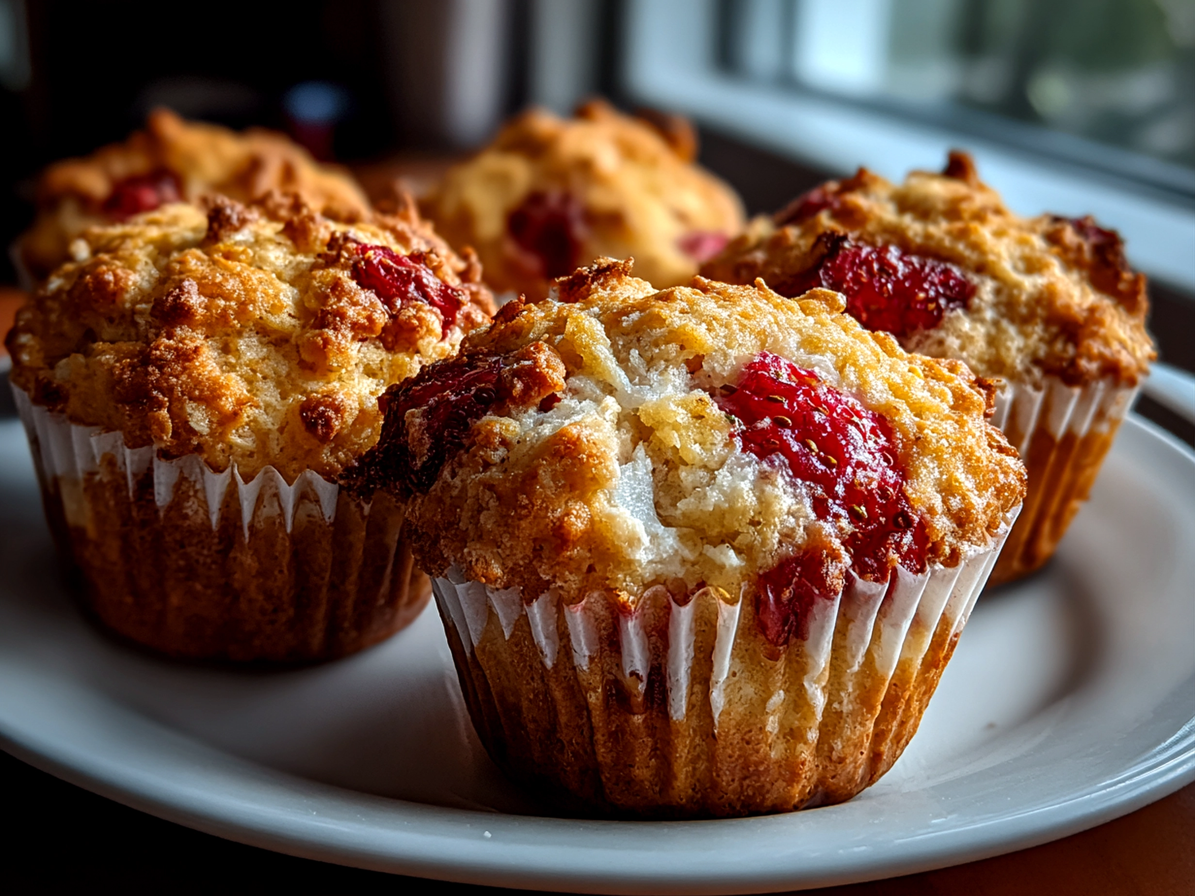 Home cook, taken with iPhone 15 Pro. Close-up slight angle of fresh strawberry oatmeal muffins on white plate. Fresh vibrant --ar 4:3 --style raw --s 250