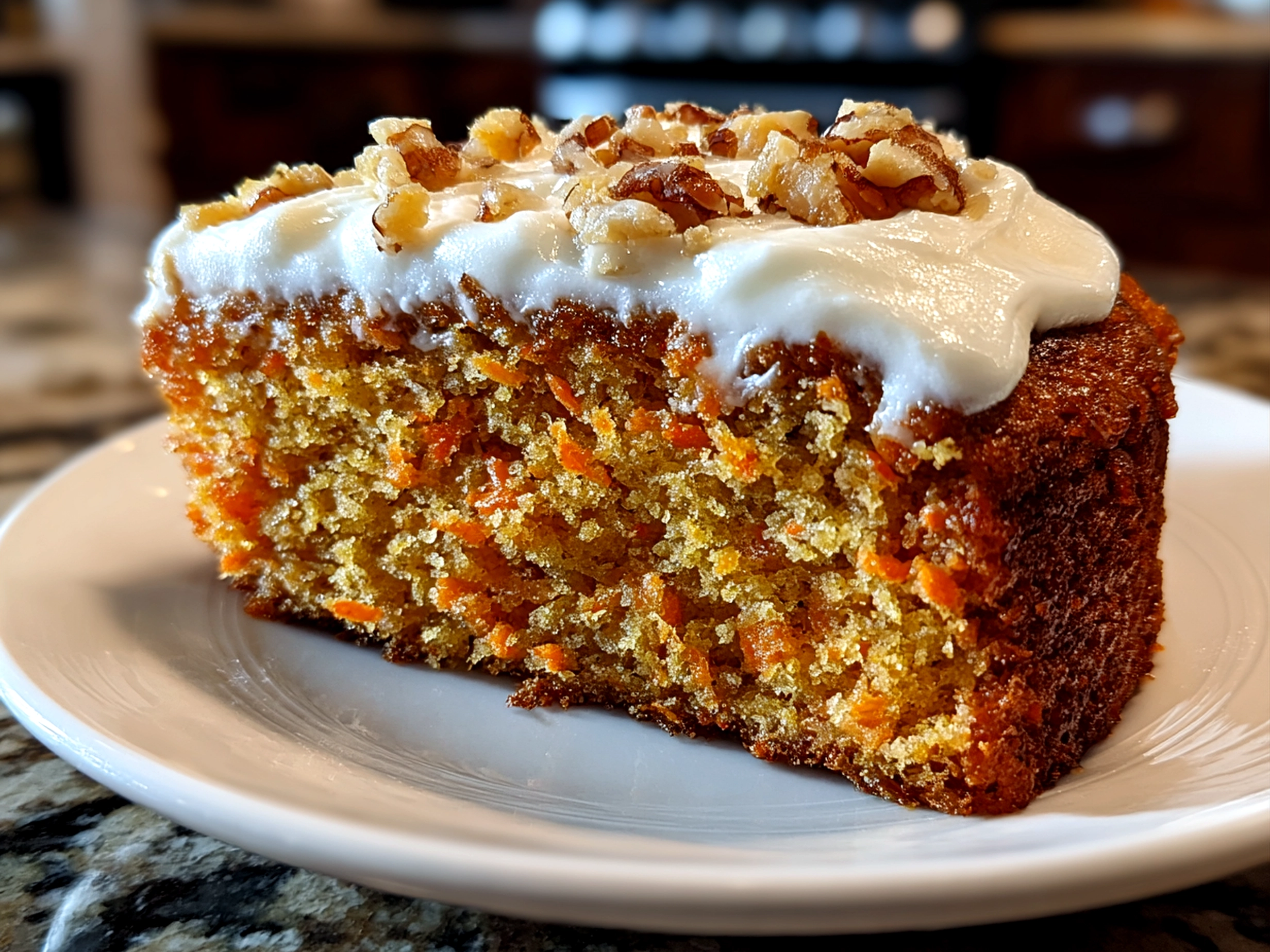 Home-cook, taken with iPhone 15 Pro. Close-up slight angle of freshly prepared carrot cake on white plate. Mouthwatering --ar 4:3 --style raw --s 230