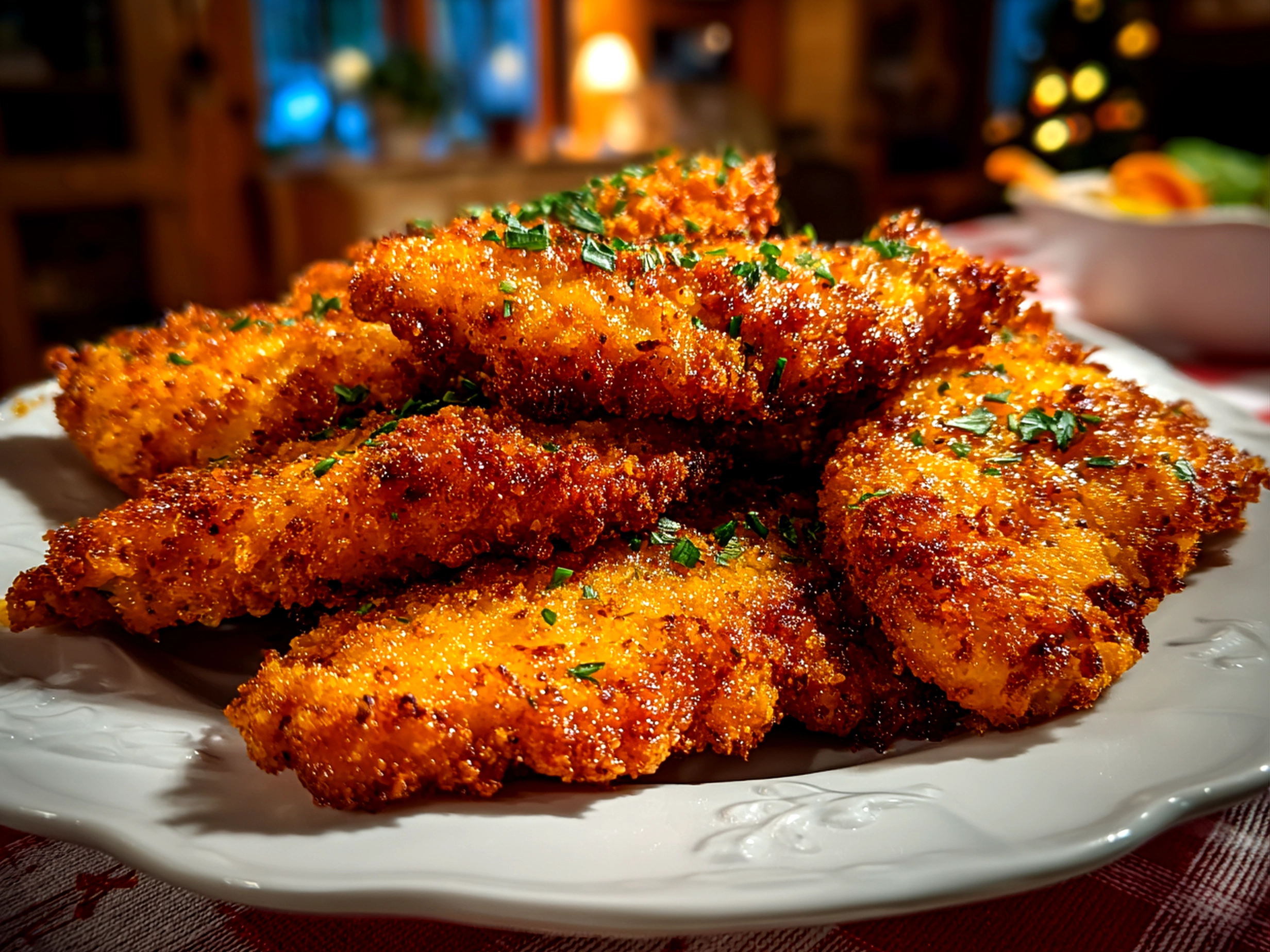 home cook, taken with iPhone 15 Pro. Close-up slight angle of freshly prepared chicken tenders on white plate. rich inviting --ar 4:3 --style raw --s 260