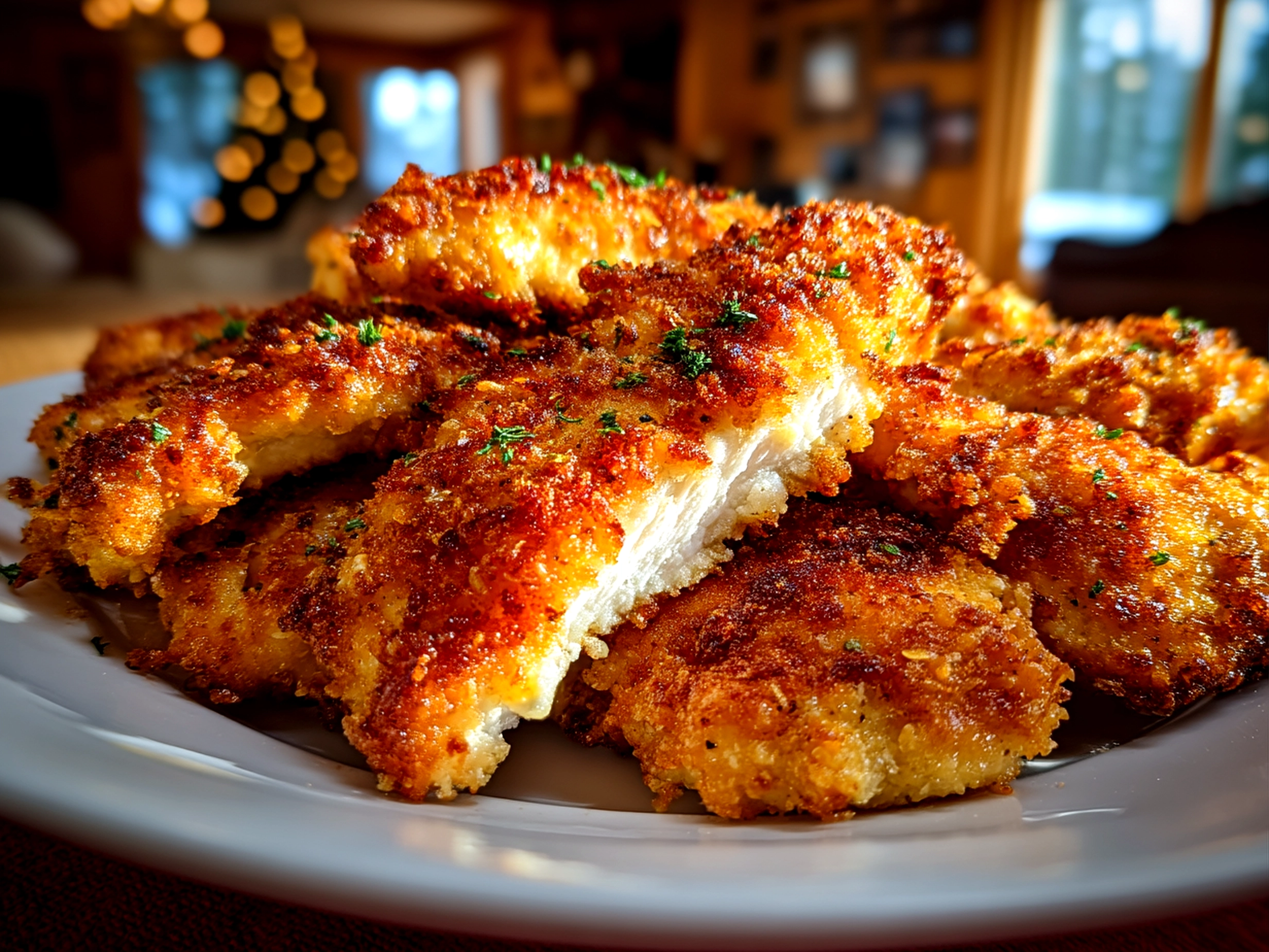 Close-up of finished delicious chicken tenders cooked at home - mouthwatering plate