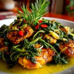 Home-cooked Spinach Garlic Chicken on white plate