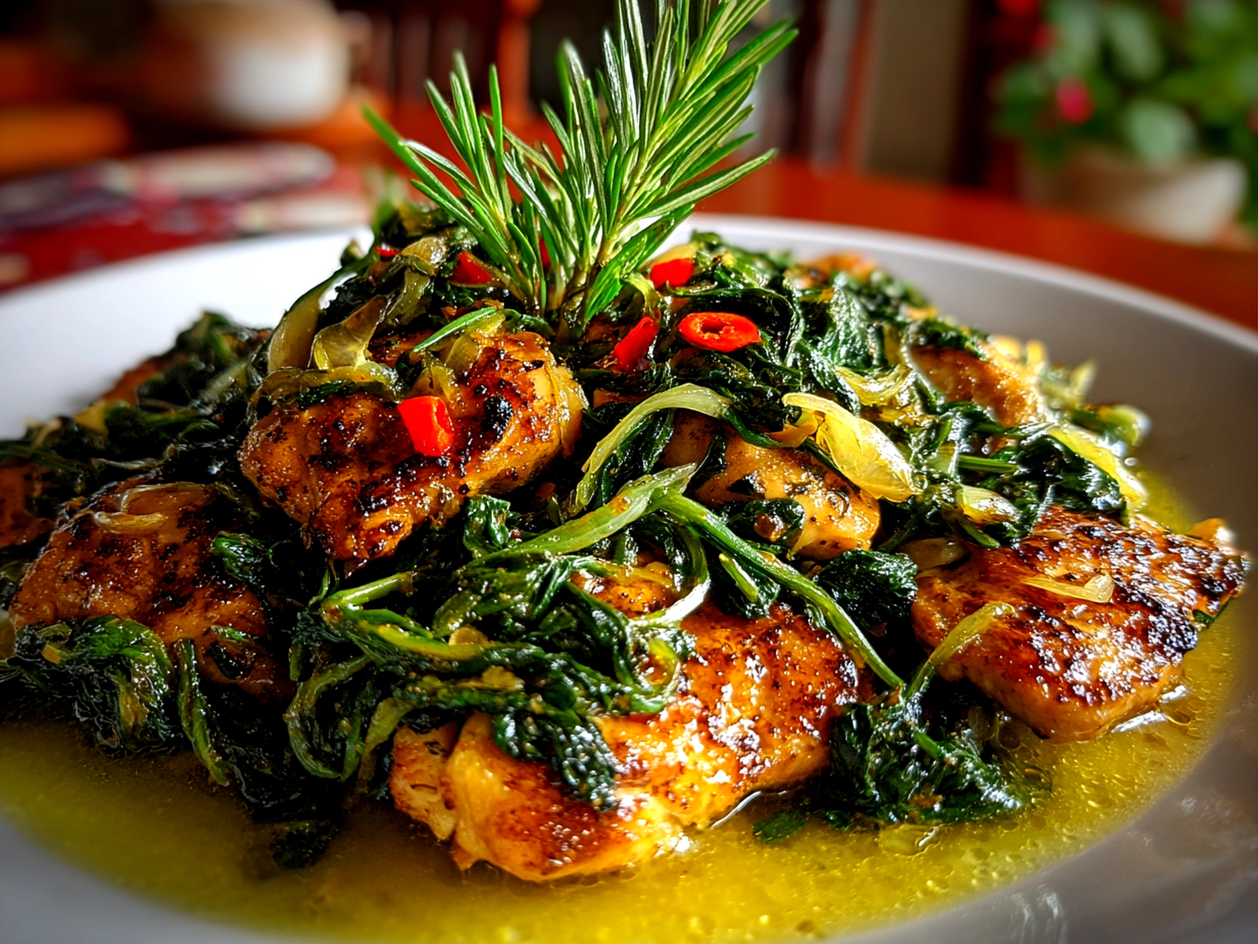 Home-cooked Spinach Garlic Chicken on white plate