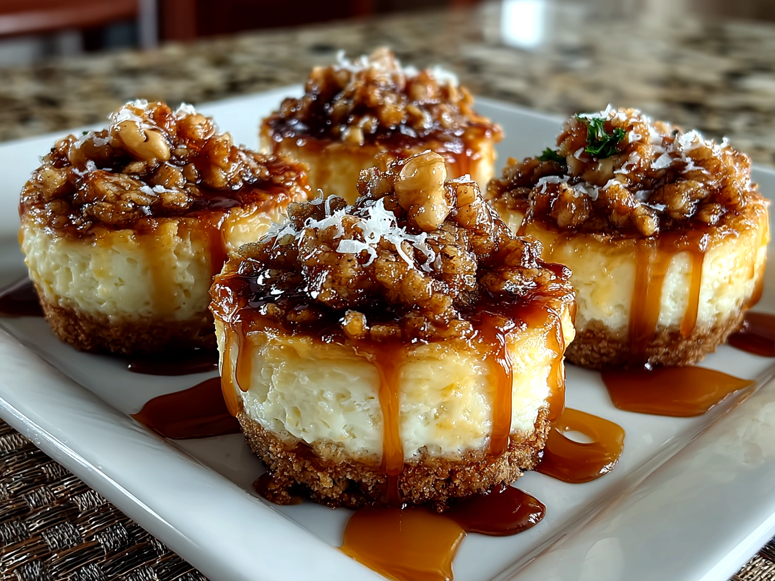 Homemade apple crisp mini cheesecakes close-up