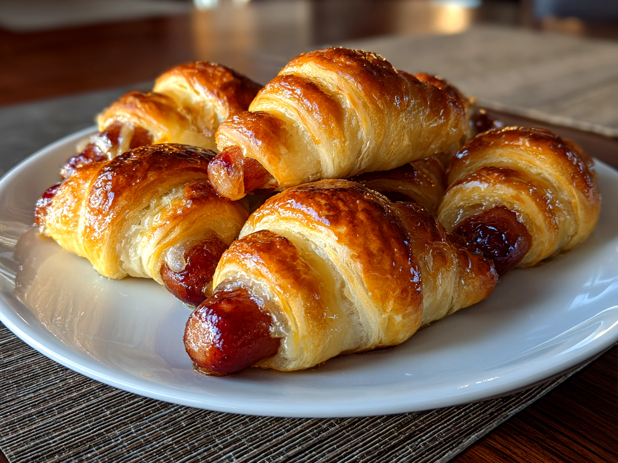Homemade Little Smokies in Crescent Rolls on White Plate