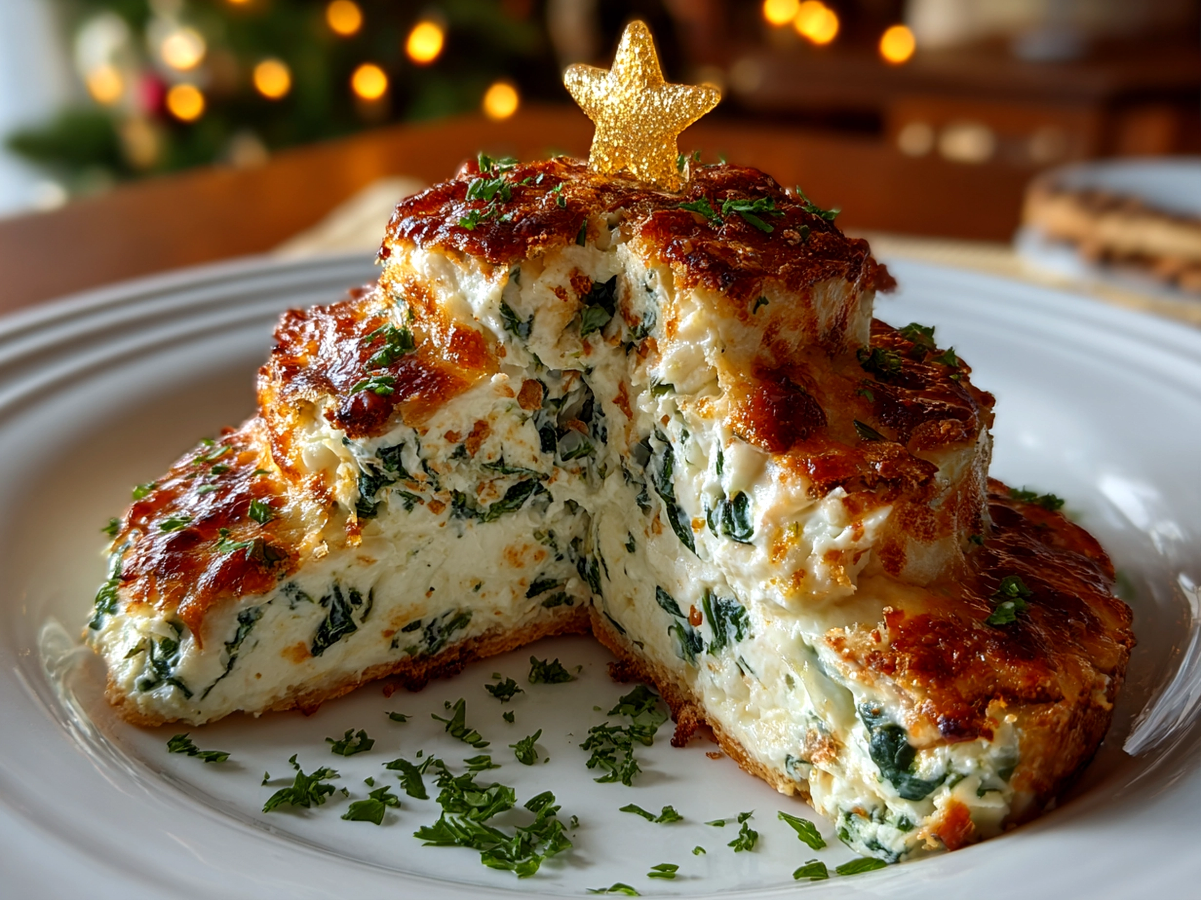 Homemade Spinach Dip Christmas Tree close-up on white plate