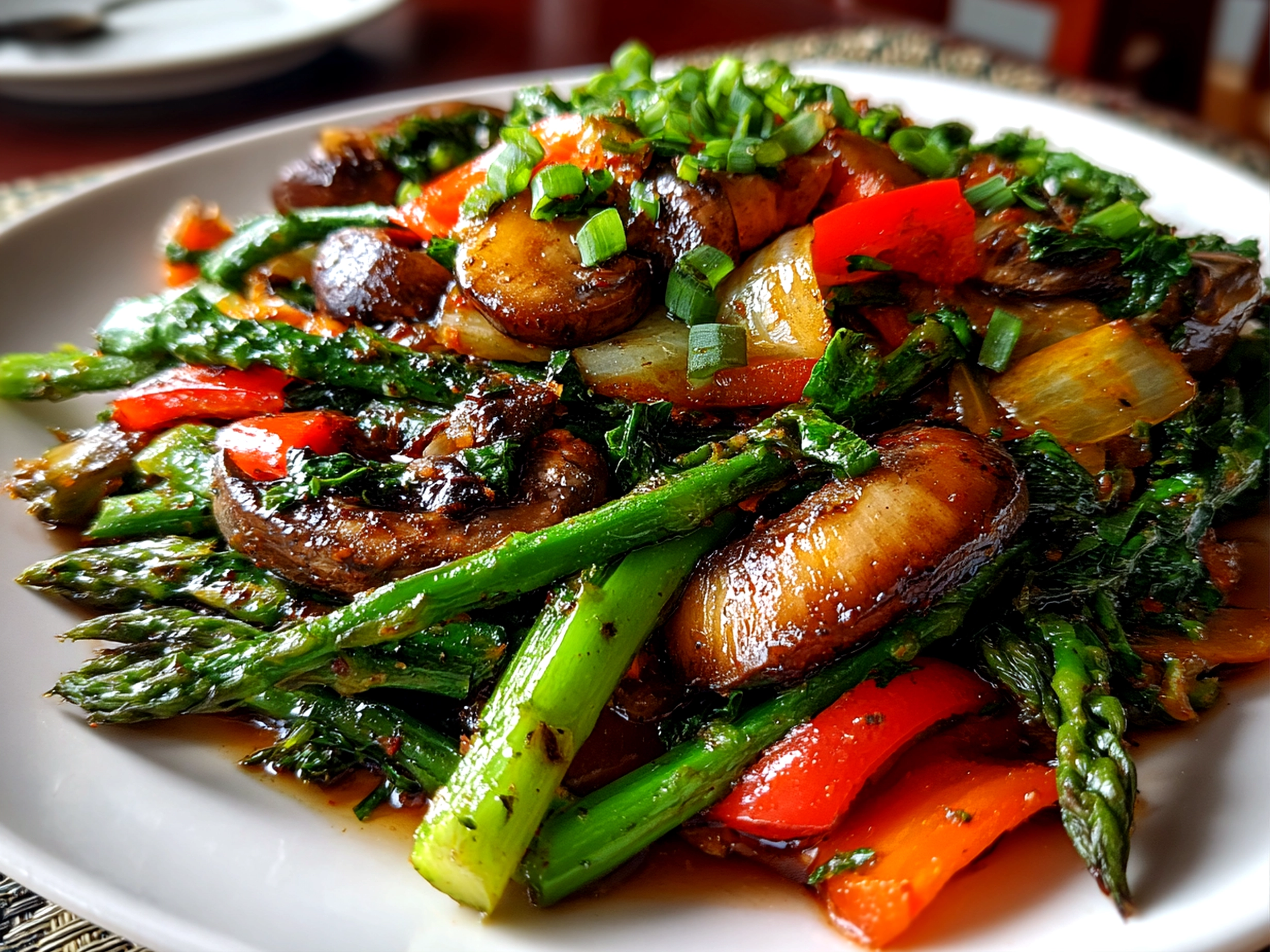 Homemade vegetable stir fry on white plate