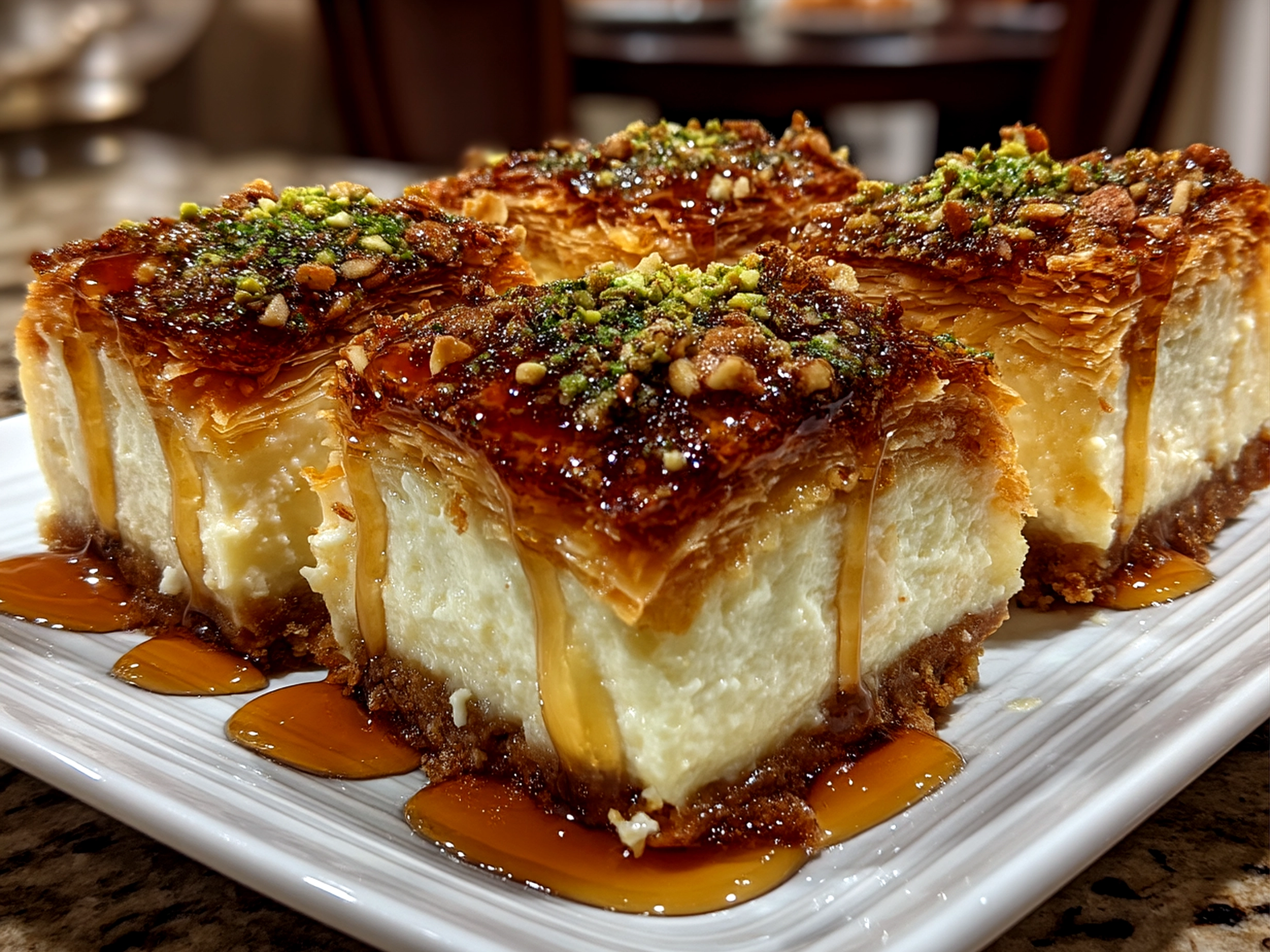Serving Honey-Drizzled Baklava Cheesecake Phyllo Cookies with fresh fruit and tea