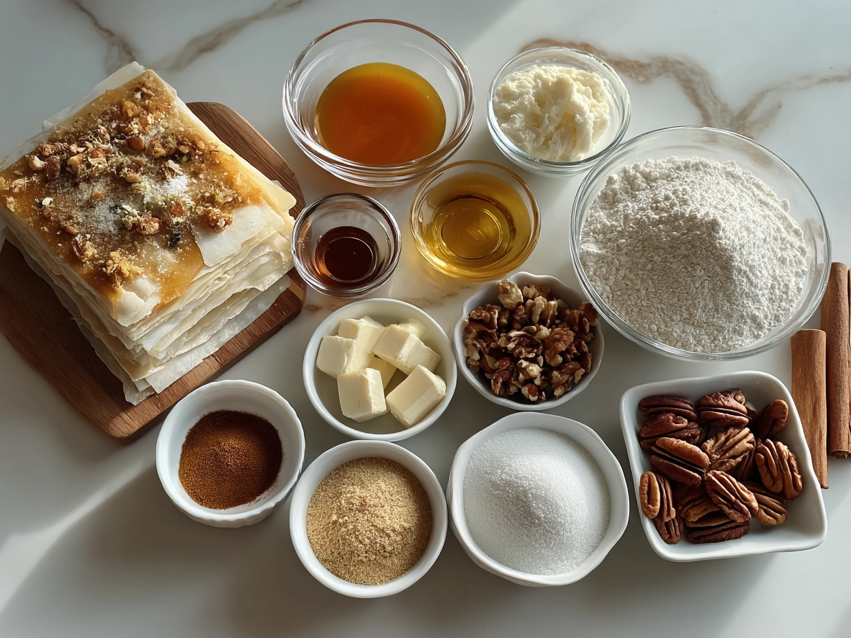 Ingredients for Honey-Drizzled Baklava Cheesecake Phyllo Cookies