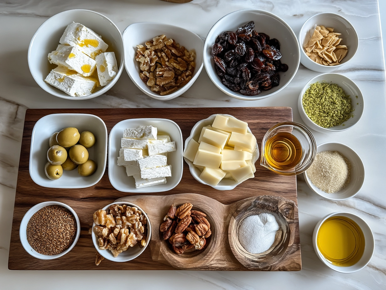 Ingredients for Honey-Drizzled Goat Cheese Bites with goat cheese, honey, thyme, nuts, and baguette slices