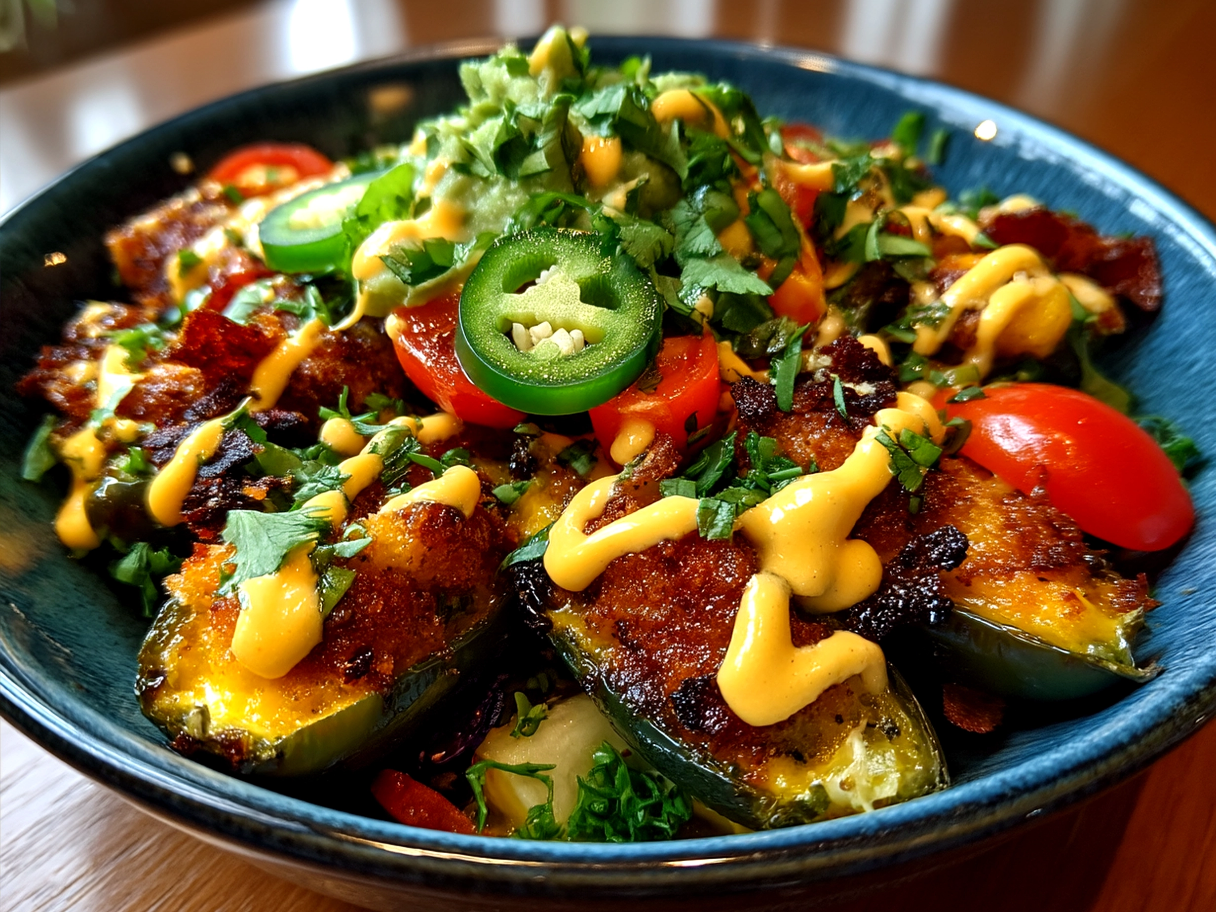 Serving of Jalapeno Poppers Nourish Bowl with roasted sweet potatoes and fresh herbs