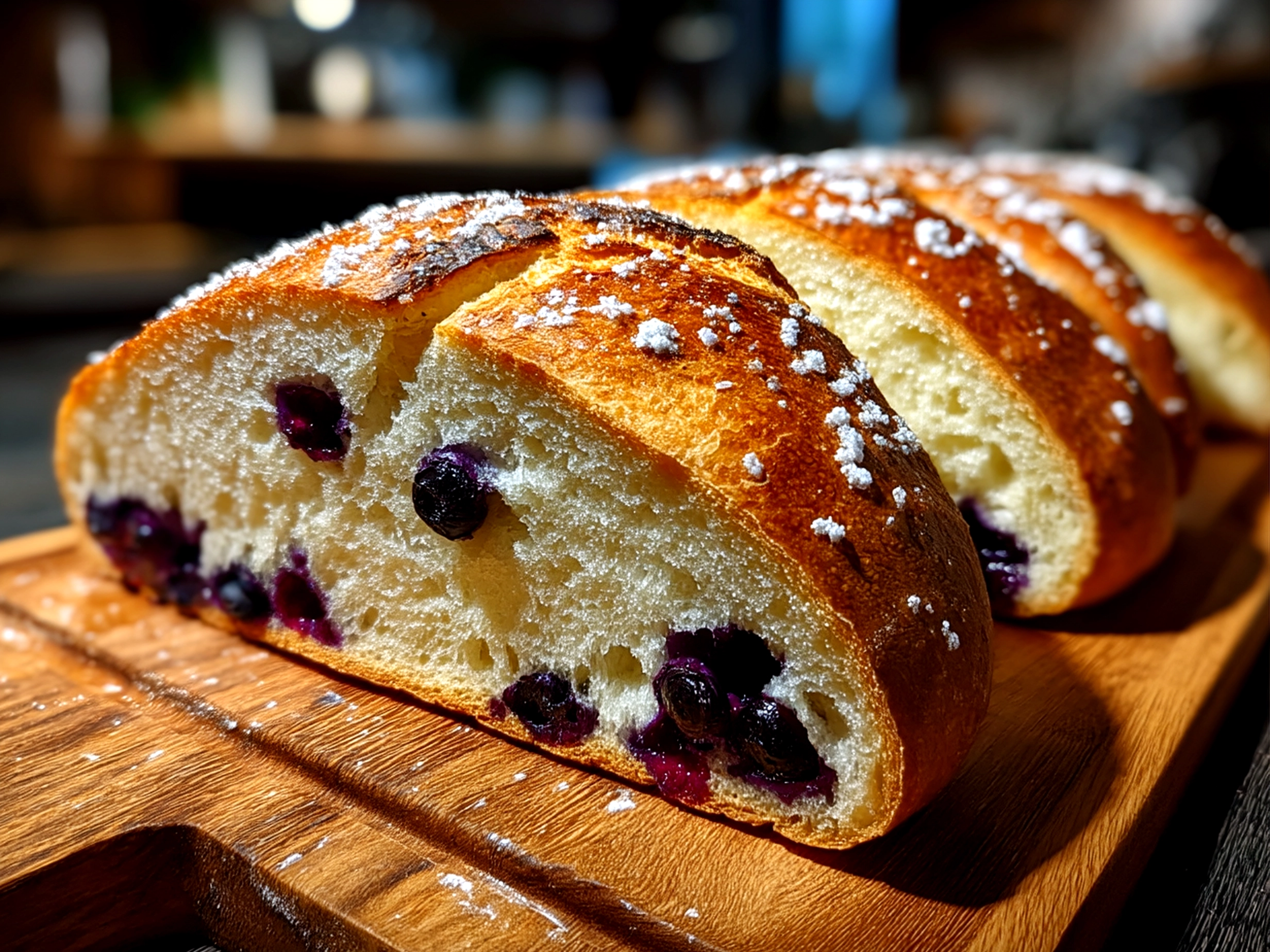 Lemon Blueberry Sourdough Bread sliced and ready to serve with almond butter and cream cheese