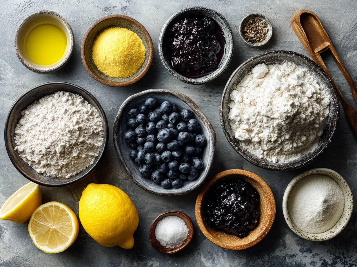 Ingredients for Lemon Blueberry Sourdough Bread including flour, blueberries, lemon zest, and sourdough starter