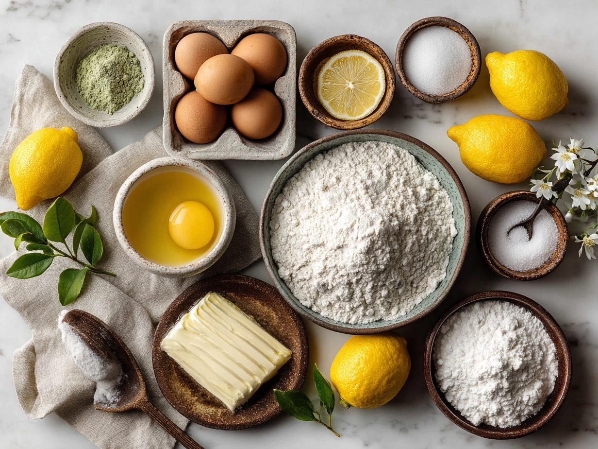 Ingredients for lemon bread laid out on a kitchen counter
