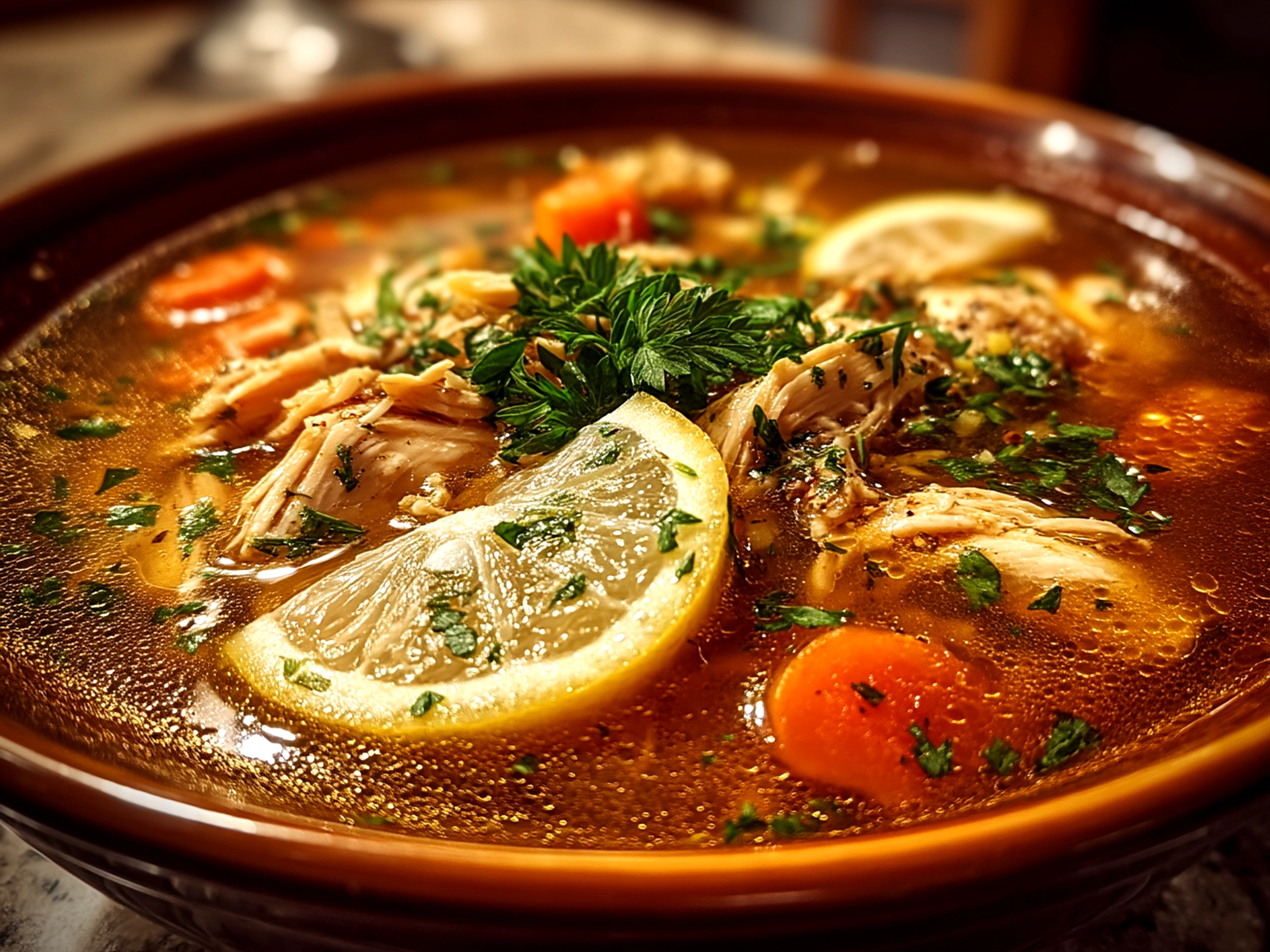 Serving bowl of fresh Lemon Chicken Soup garnished with parsley