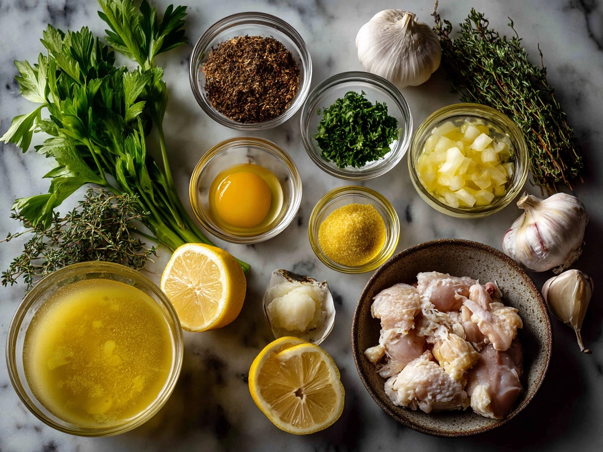 Ingredients for Lemon Chicken Soup including chicken breasts, lemon, vegetables, eggs, rice, and broth