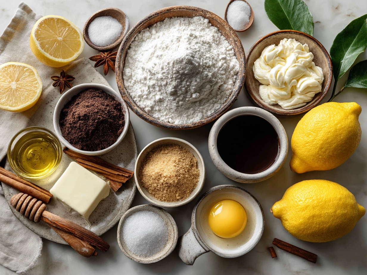 Ingredients for lemon loaf including lemons, eggs, flour, and sugar.