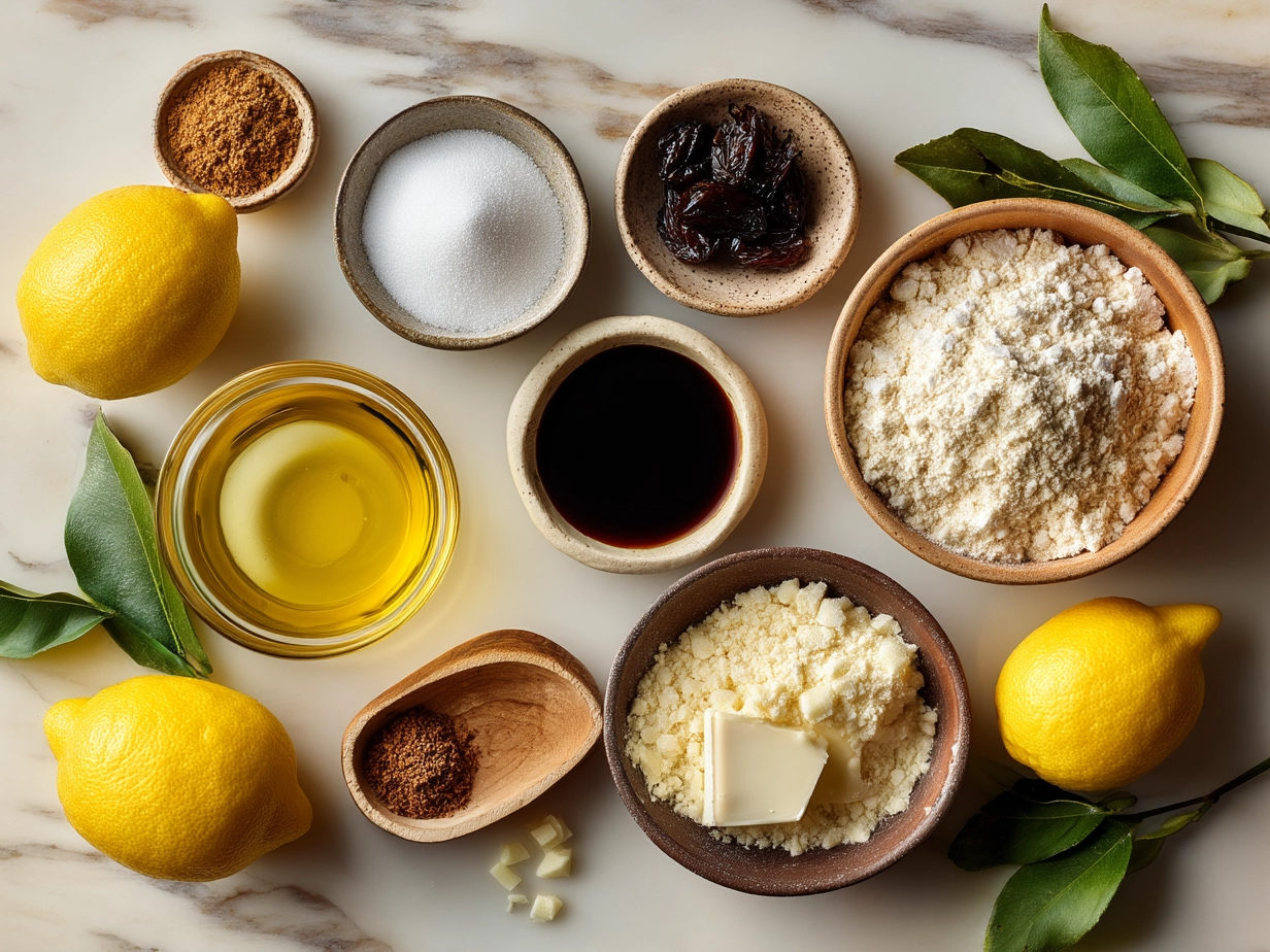 Ingredients for Limoncello Cookies including flour, butter, sugar, lemon zest, and Greek yogurt