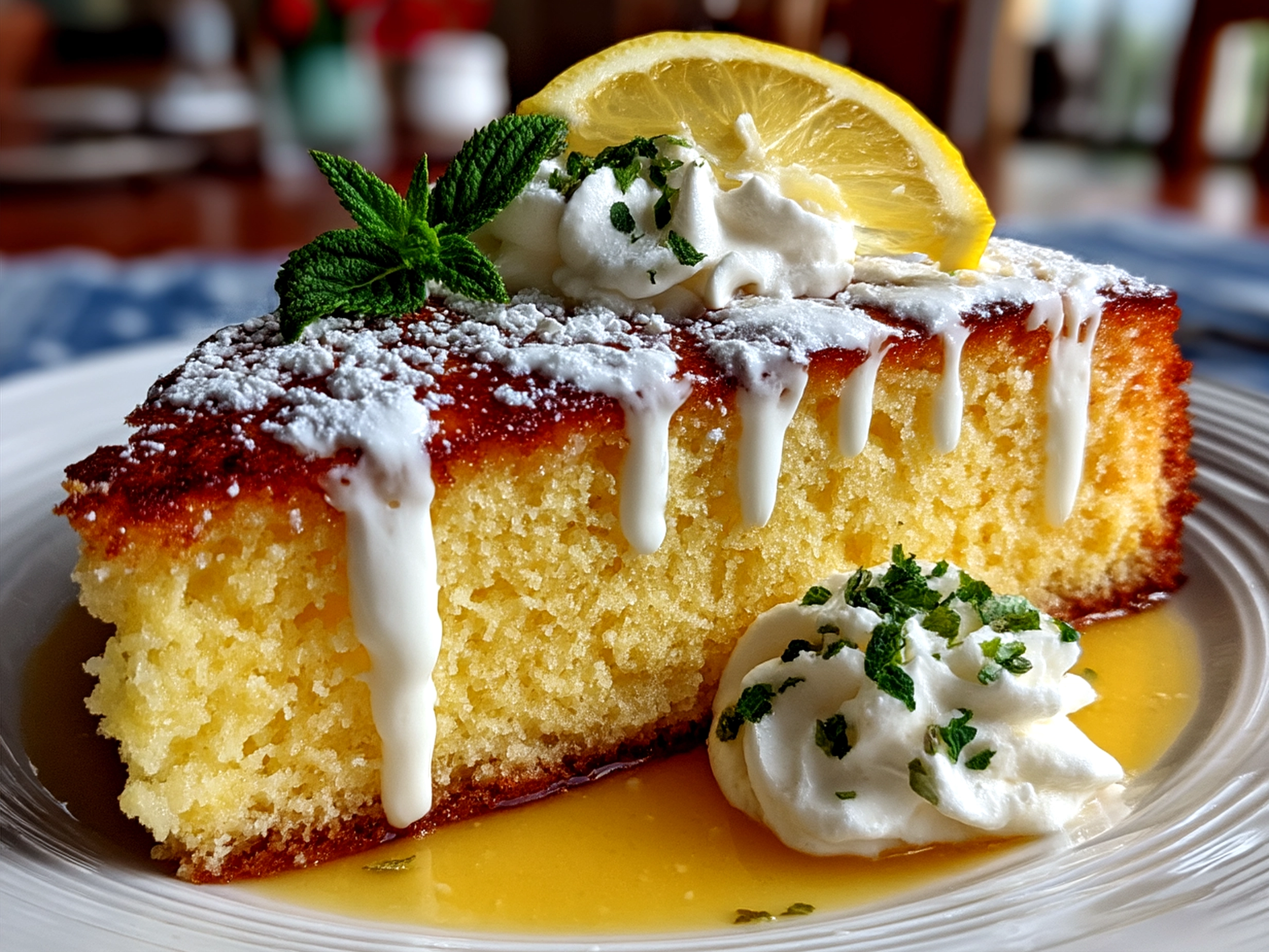 Serving of Limoncello Mascarpone Cake garnished with lemon zest and fresh mint on a white plate