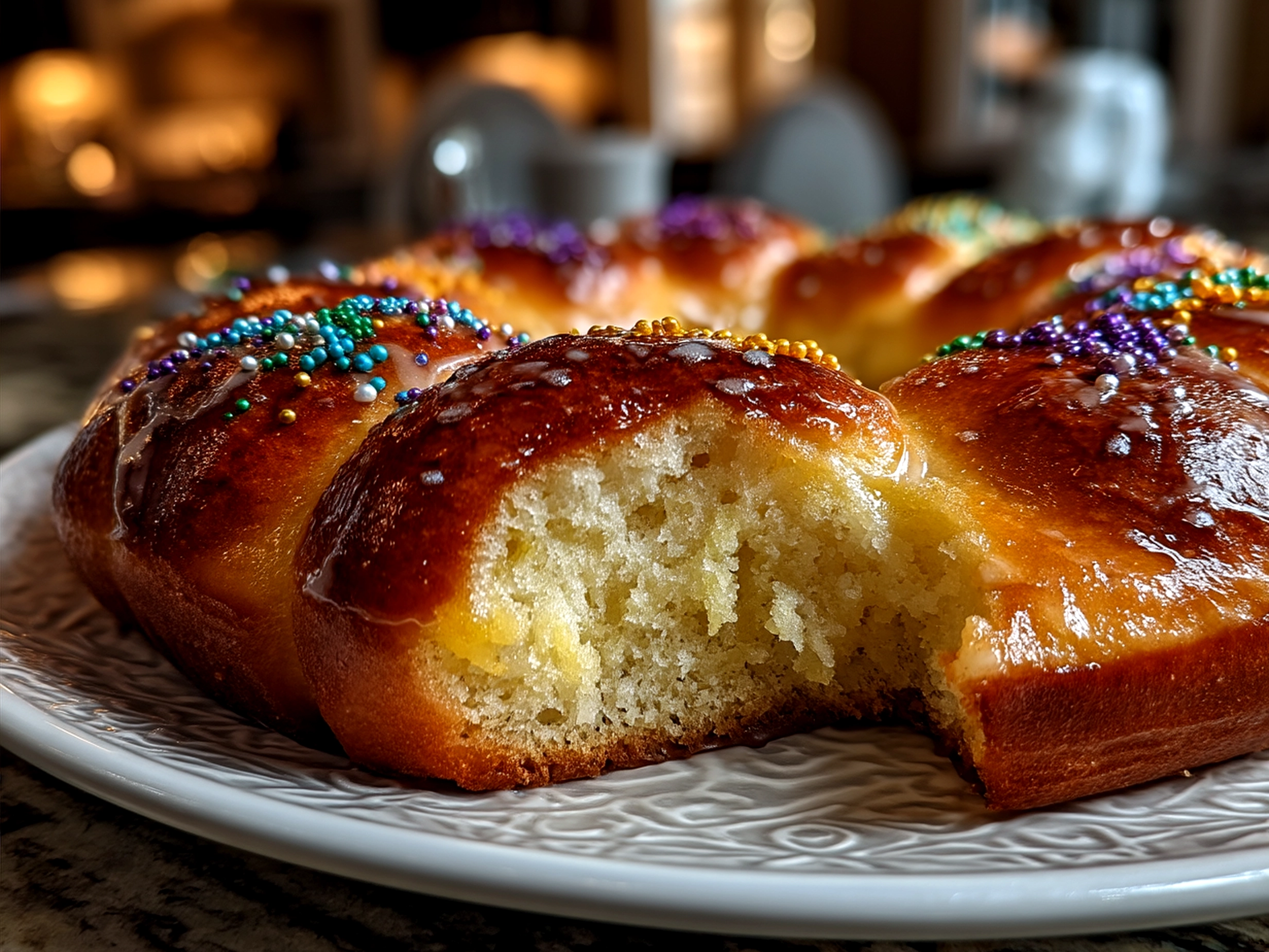 Sliced Mardi Gras King Cake served on a colorful plate ready to enjoy