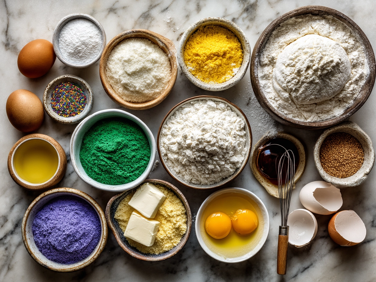 Ingredients for Mardi Gras King Cake laid out on a kitchen counter