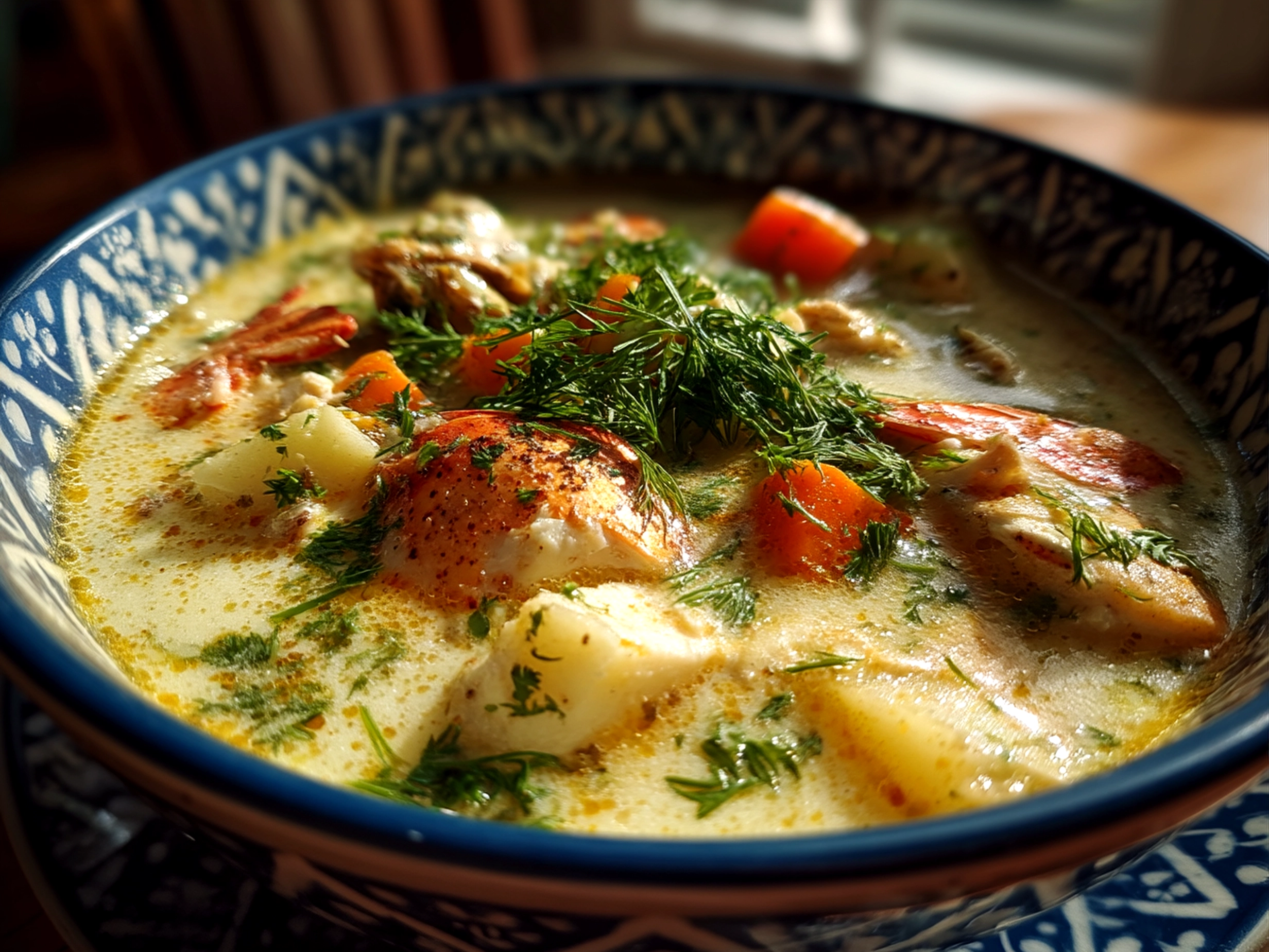 Serving of Nova Scotia Seafood Chowder garnished with fresh parsley in a colorful bowl