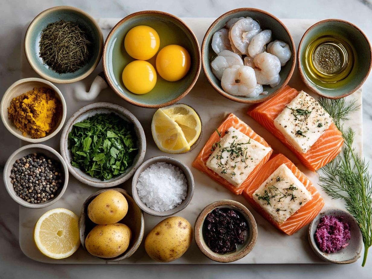 Ingredients for Nova Scotia Seafood Chowder laid out on a table