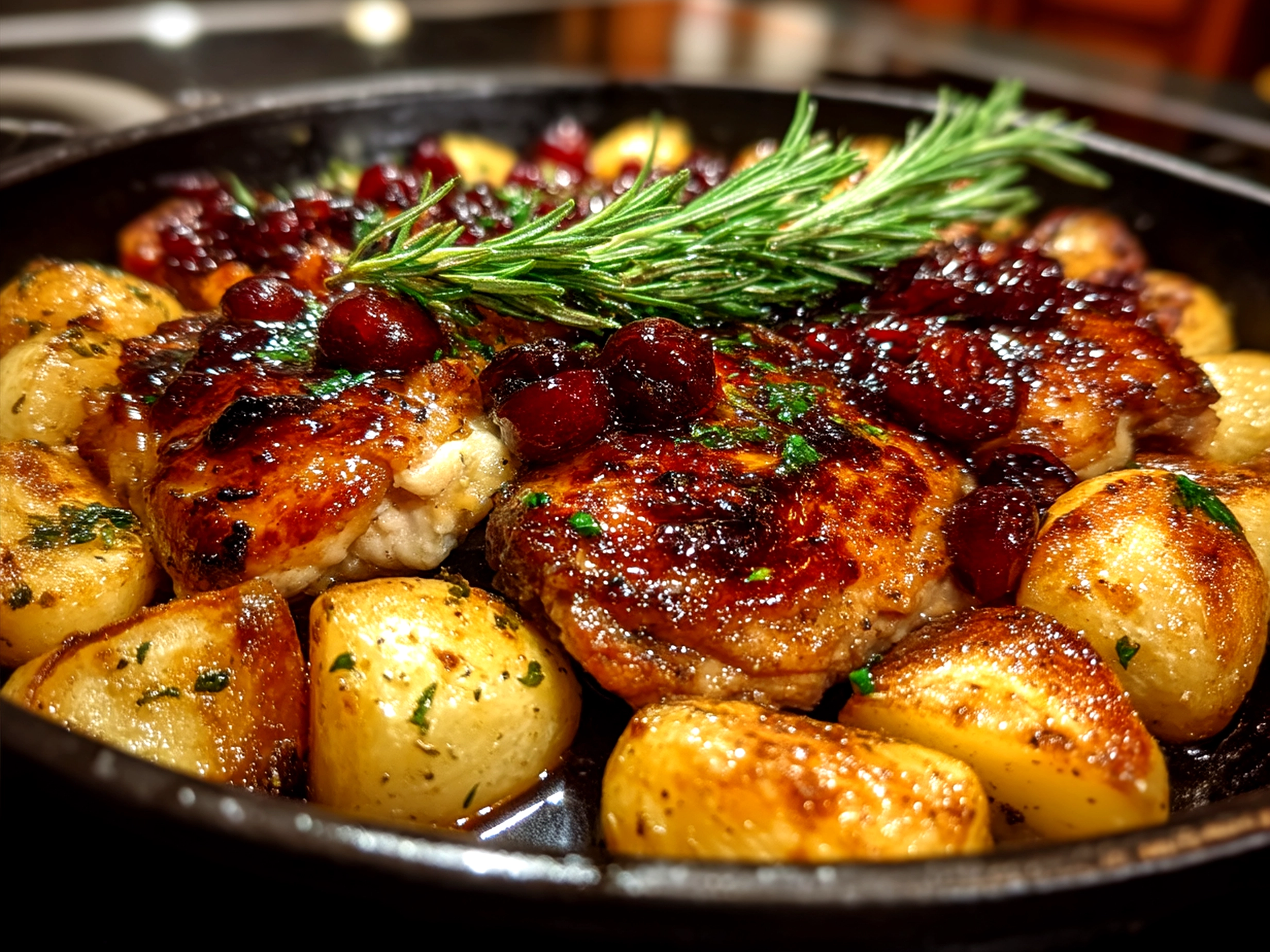 Served One-Pan Cranberry Rosemary Chicken with cranberry sauce and herbs on a plate ready to eat