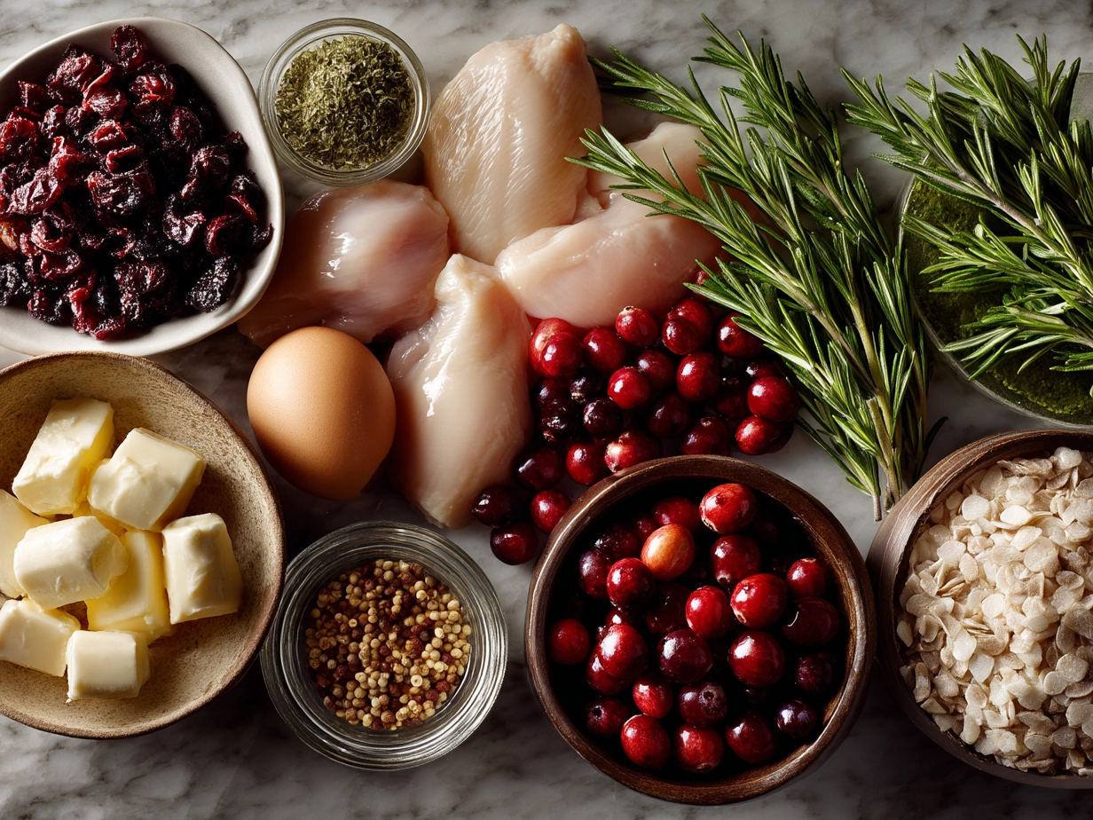 Ingredients for One-Pan Cranberry Rosemary Chicken including chicken thighs, cranberries, rosemary, onion, garlic, and orange juice
