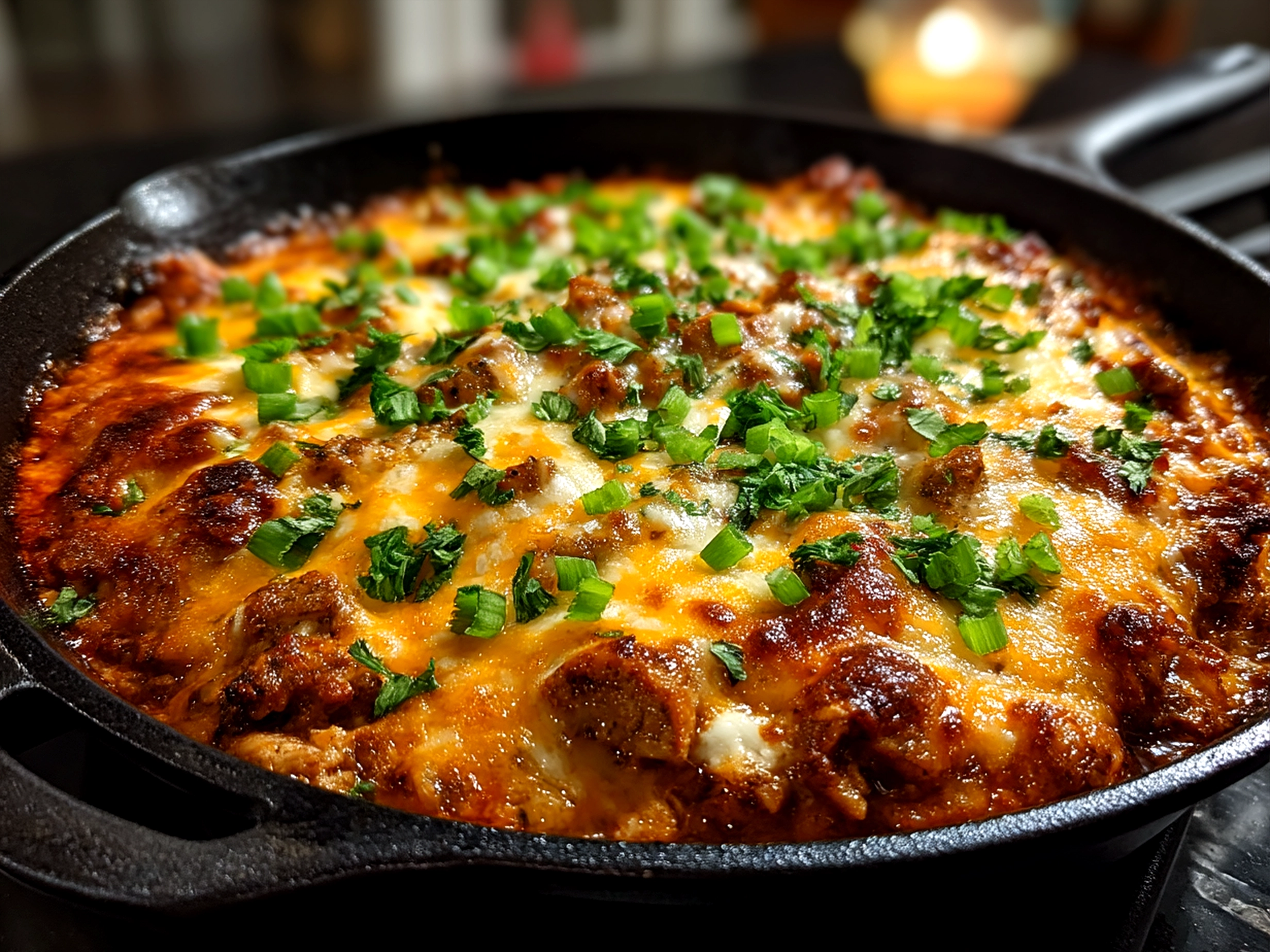 Served One Pot Low Carb Chicken Enchilada Skillet garnished with fresh cilantro and lime wedges