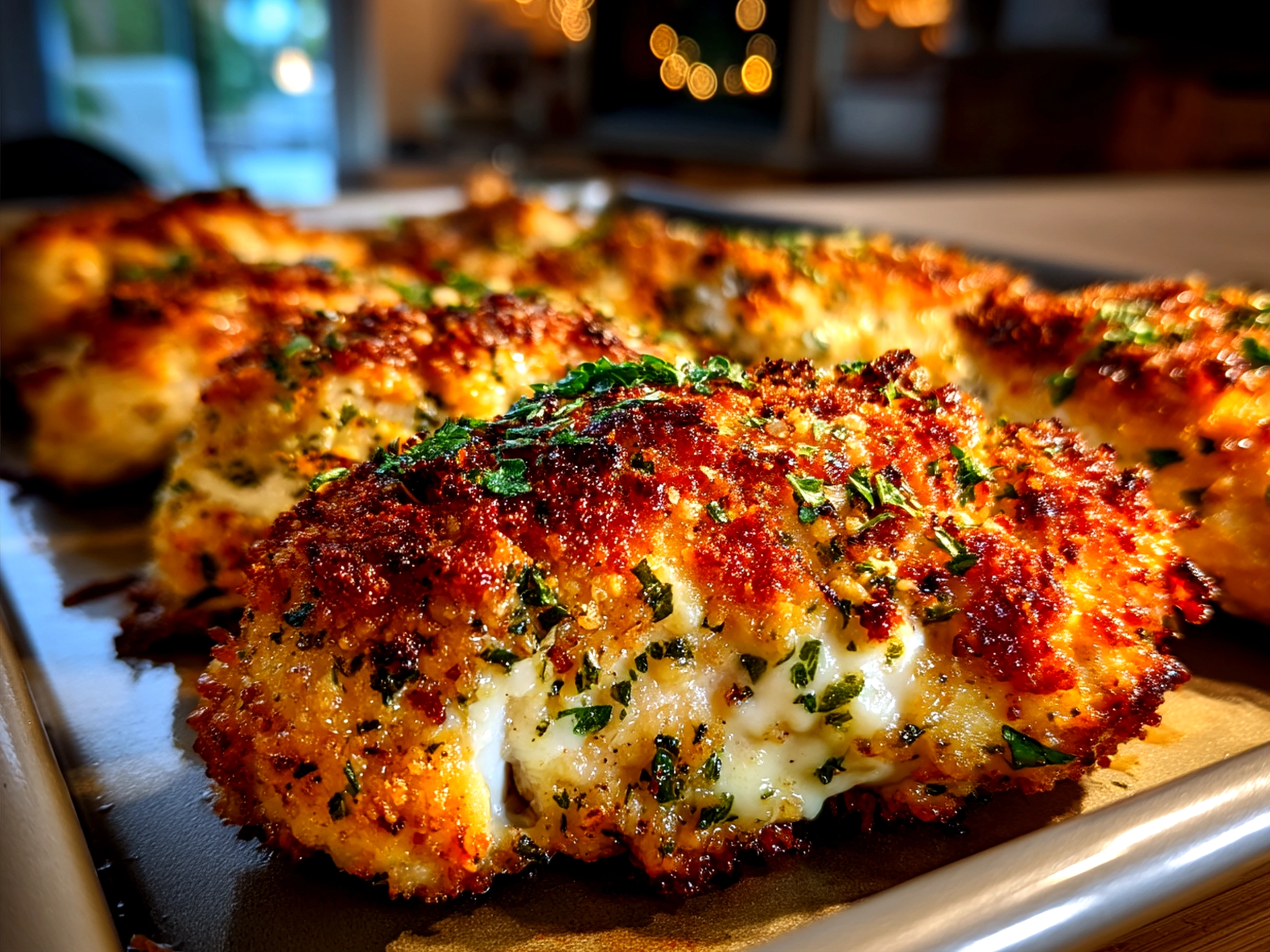 Served Parmesan Crusted Chicken Sheet Pan with roasted green beans and salad