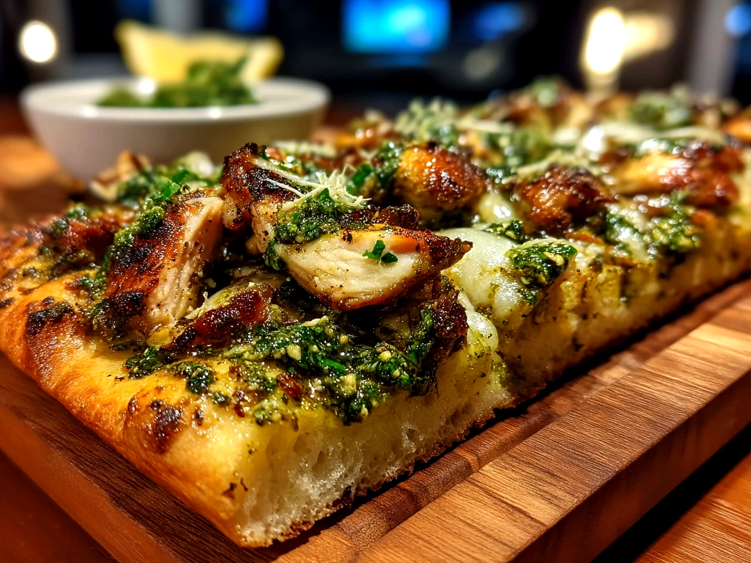 Served Pesto Chicken Flatbread sliced into wedges with fresh greens ready to eat