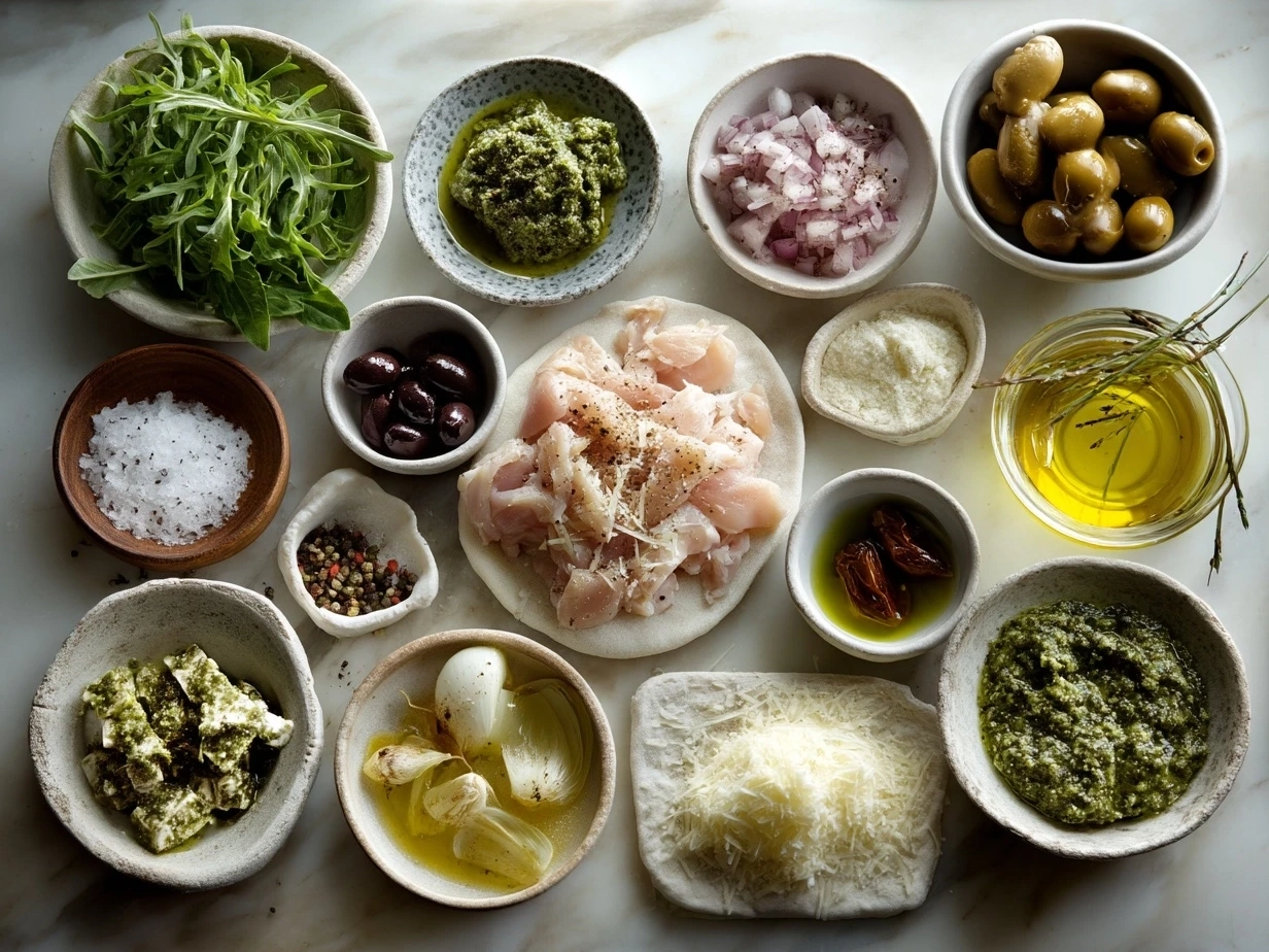 Ingredients for Pesto Chicken Flatbread including flatbread, chicken, pesto, cheese, sun-dried tomatoes, olive oil, and greens